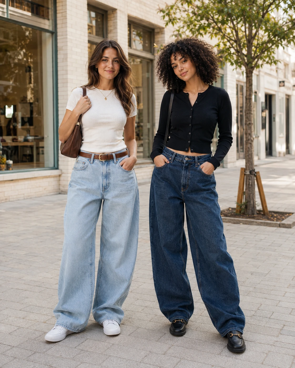 Two women balancing baggy jeans with fitted tops on a bright pedestrian street