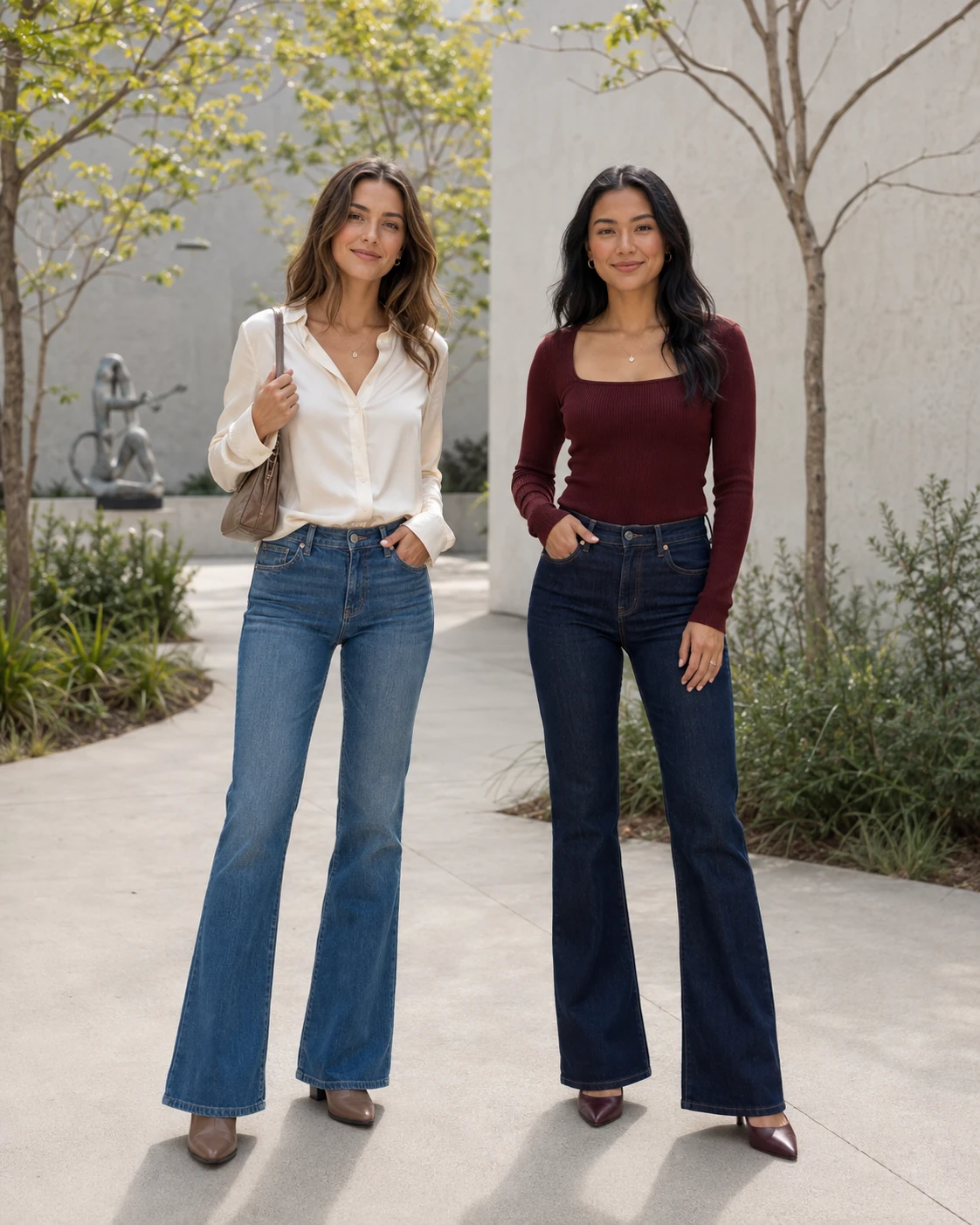 Two women pairing bootcut jeans with elegant tops on a bright public garden walkway