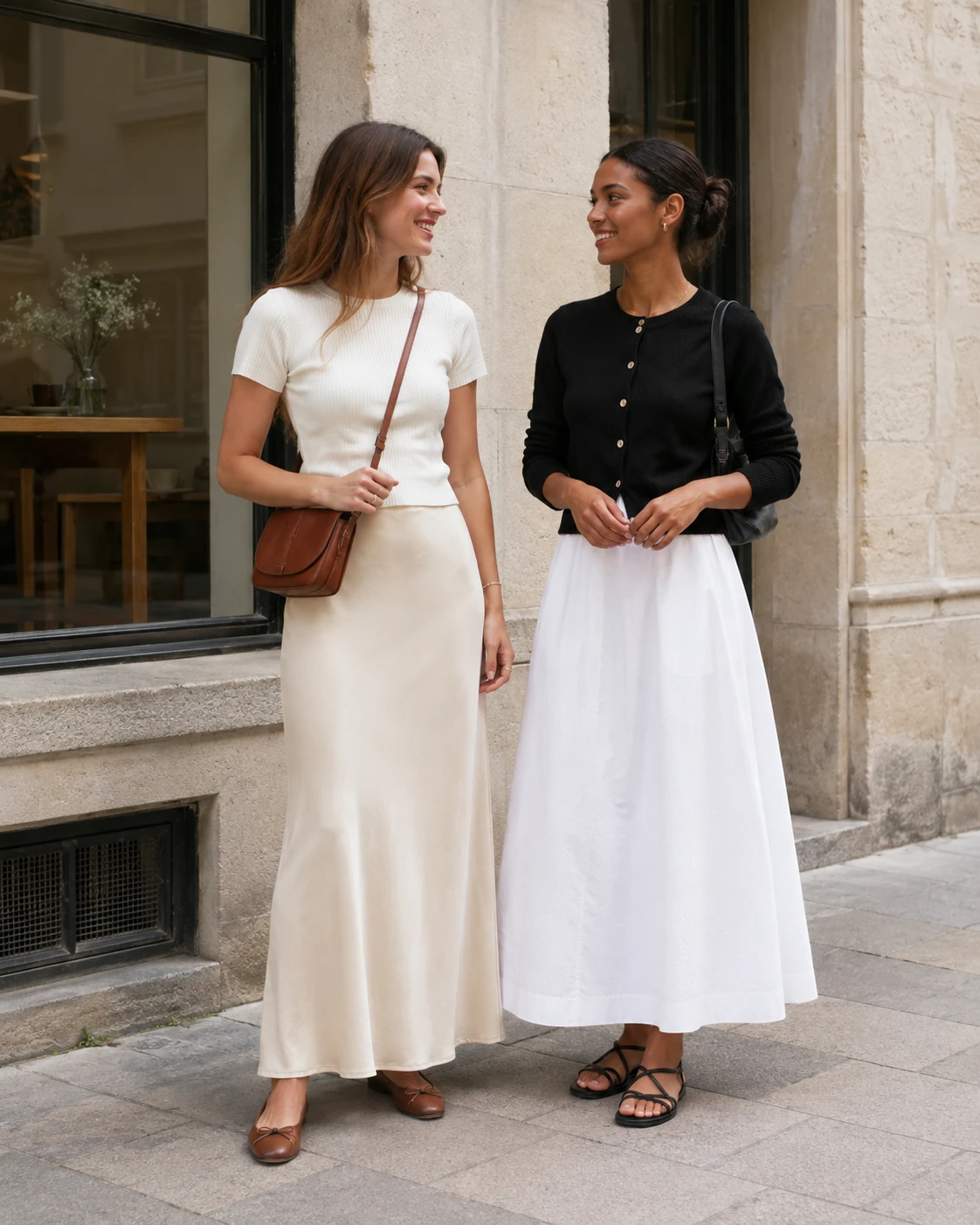 Two women wearing long neutral skirts with short fitted tops on a bright neighborhood street