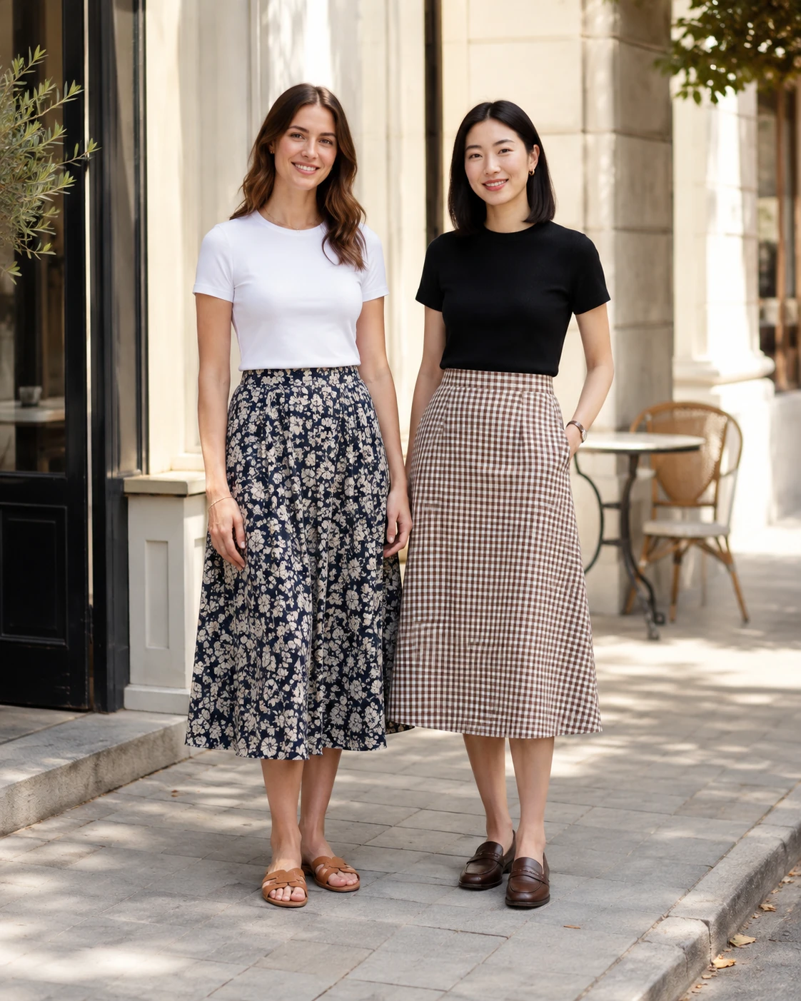 Two women wearing patterned midi skirts with plain tops beside a bright neighborhood cafe