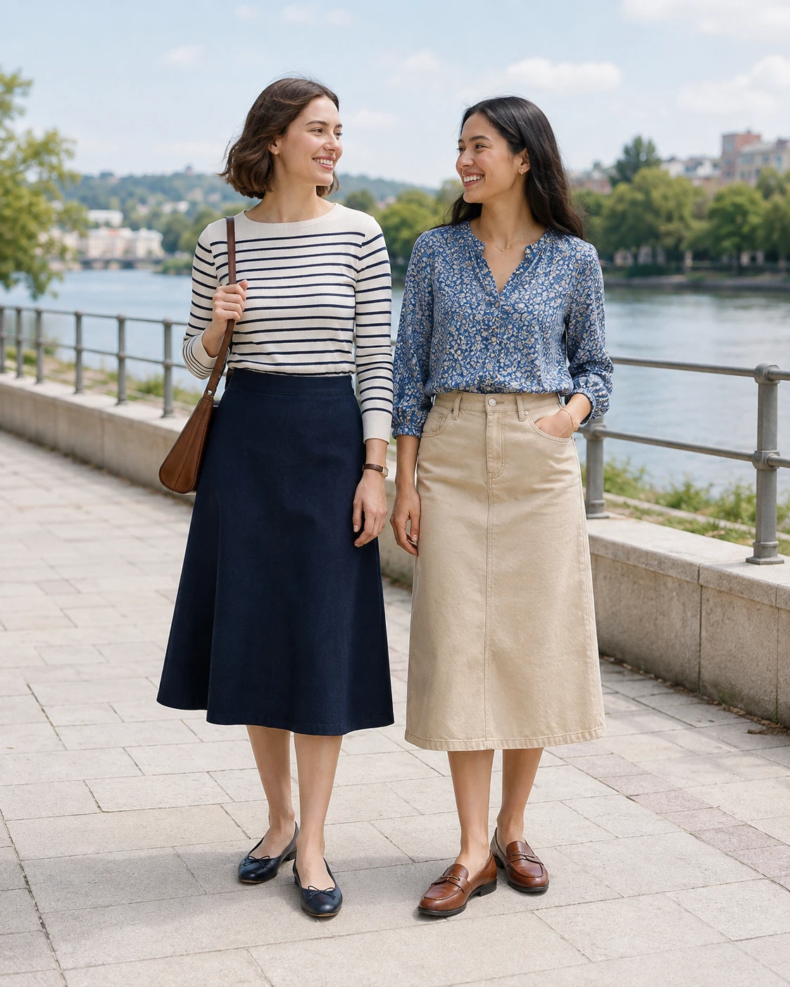 Two women pairing plain midi skirts with patterned tops on a bright riverside promenade