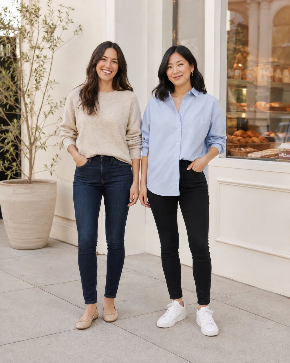 Two women wearing skinny jeans with relaxed tops outside a bright neighborhood bakery