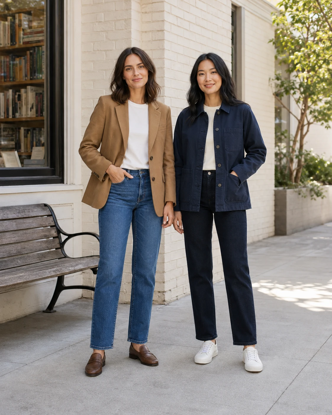 Two women making straight-leg jeans feel intentional with structured jackets outside a neighborhood bookshop