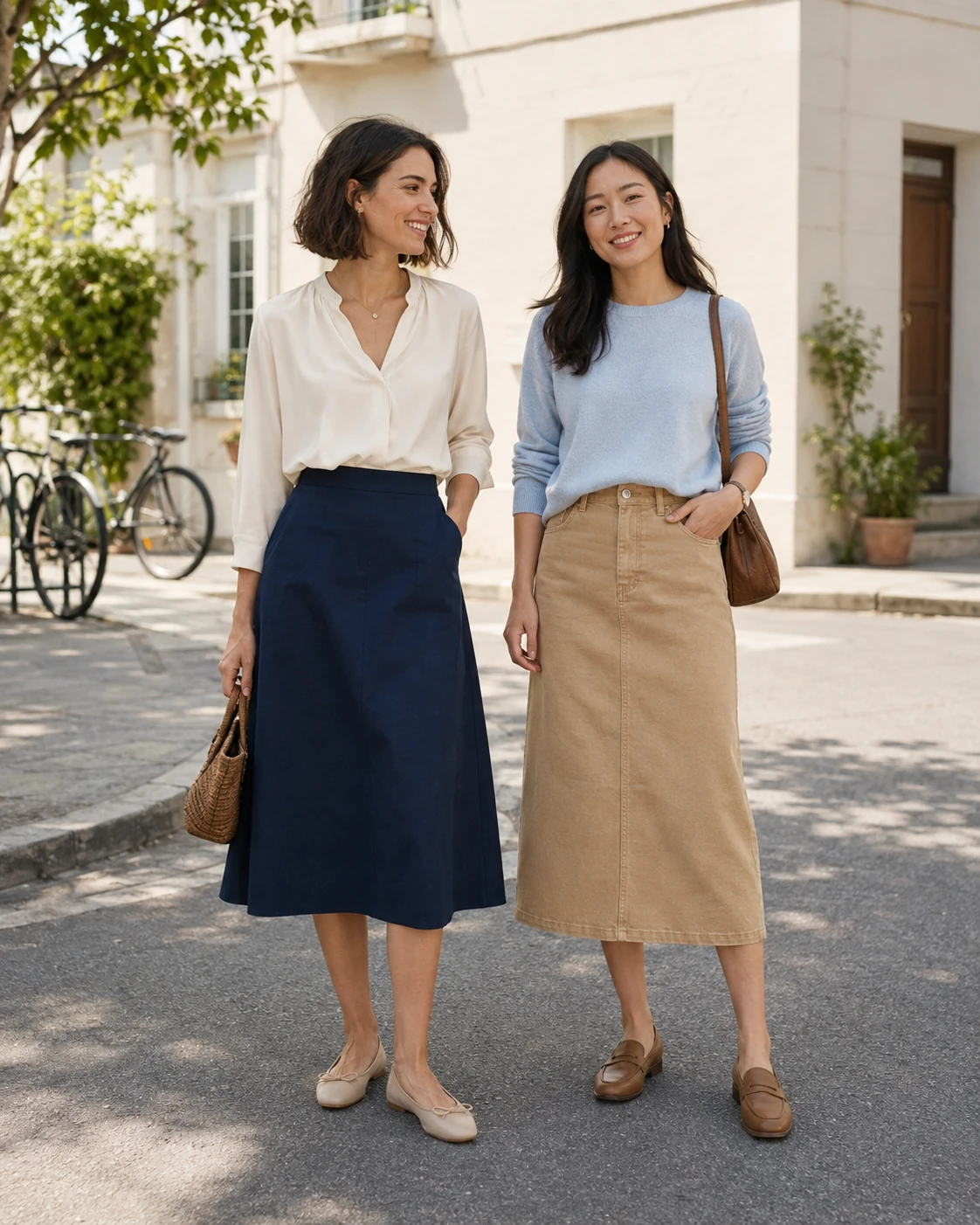 Two women softening structured midi skirts with easy tops on a bright residential street