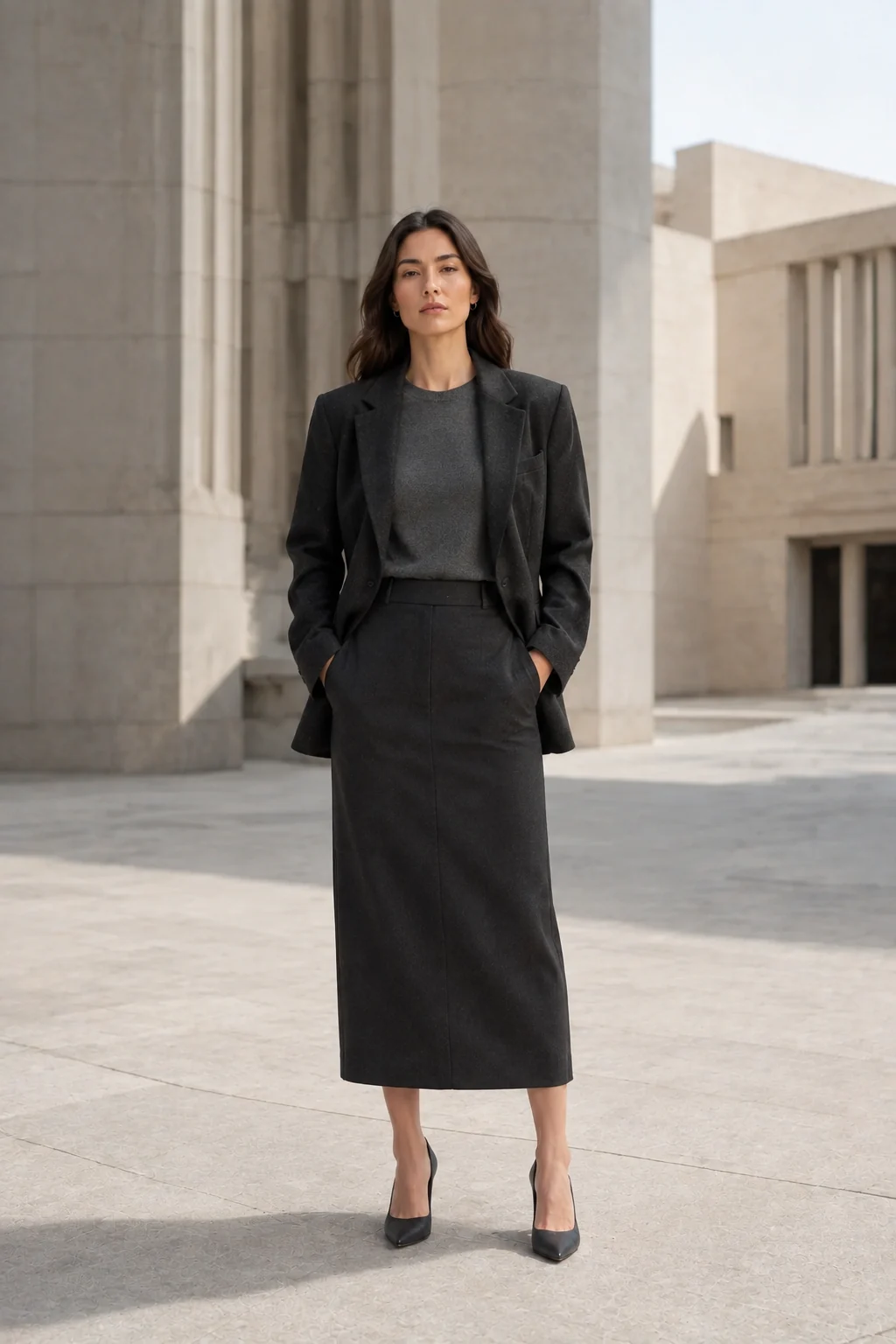 Woman in layered charcoal tailoring and a straight midi skirt on a bright civic plaza
