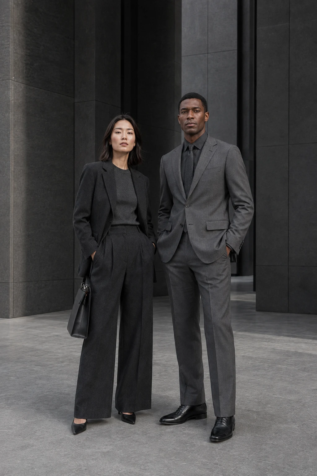 A woman and man in contrasting shades of charcoal tailoring against monumental dark stone architecture