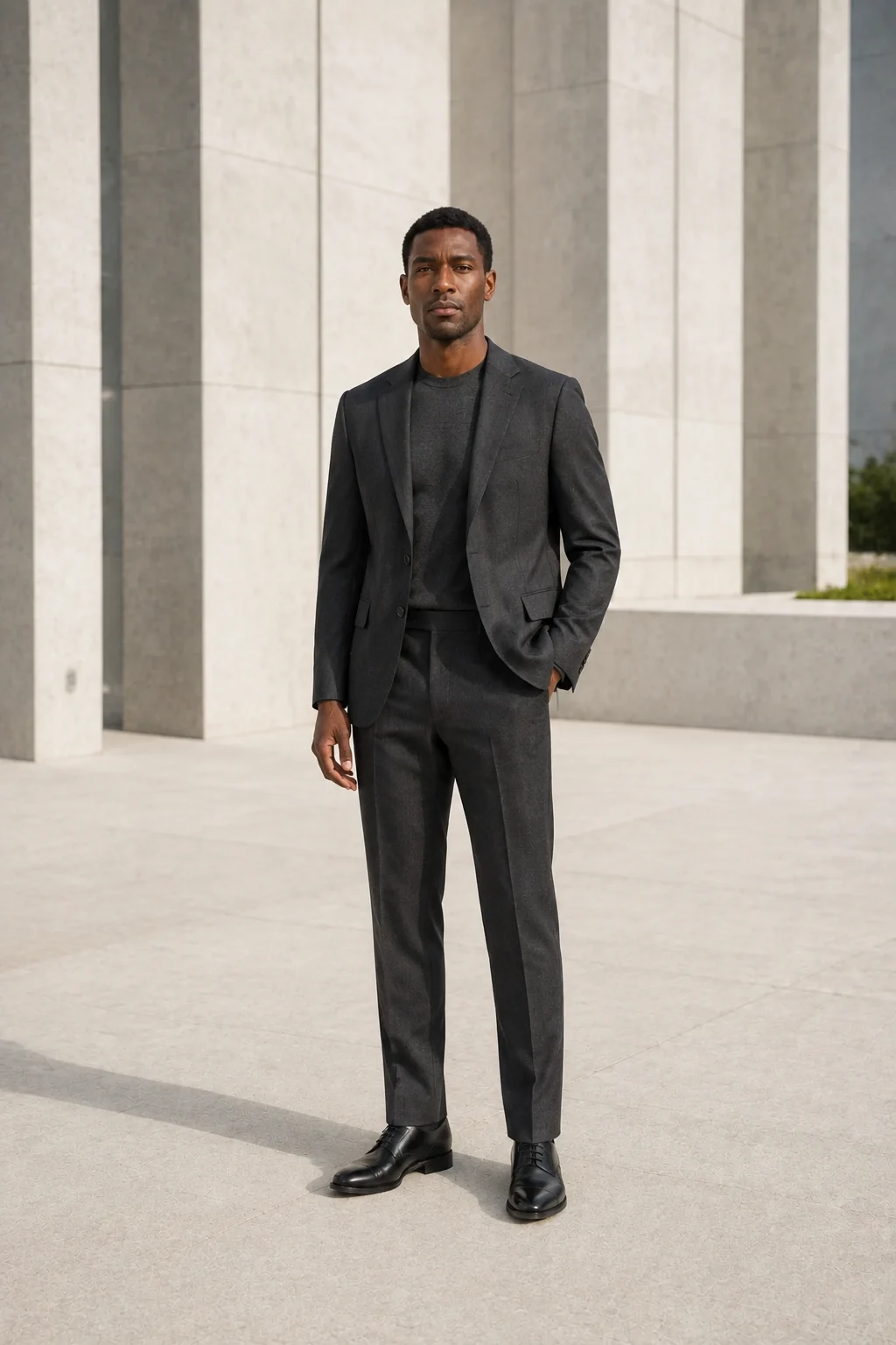 Man in a deep-charcoal suit and softer charcoal crewneck on a bright civic plaza