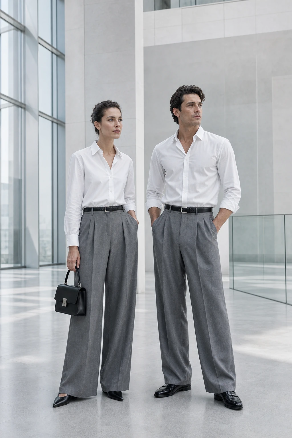 A woman and man in white shirting and grey tailored trousers in a pale architectural interior