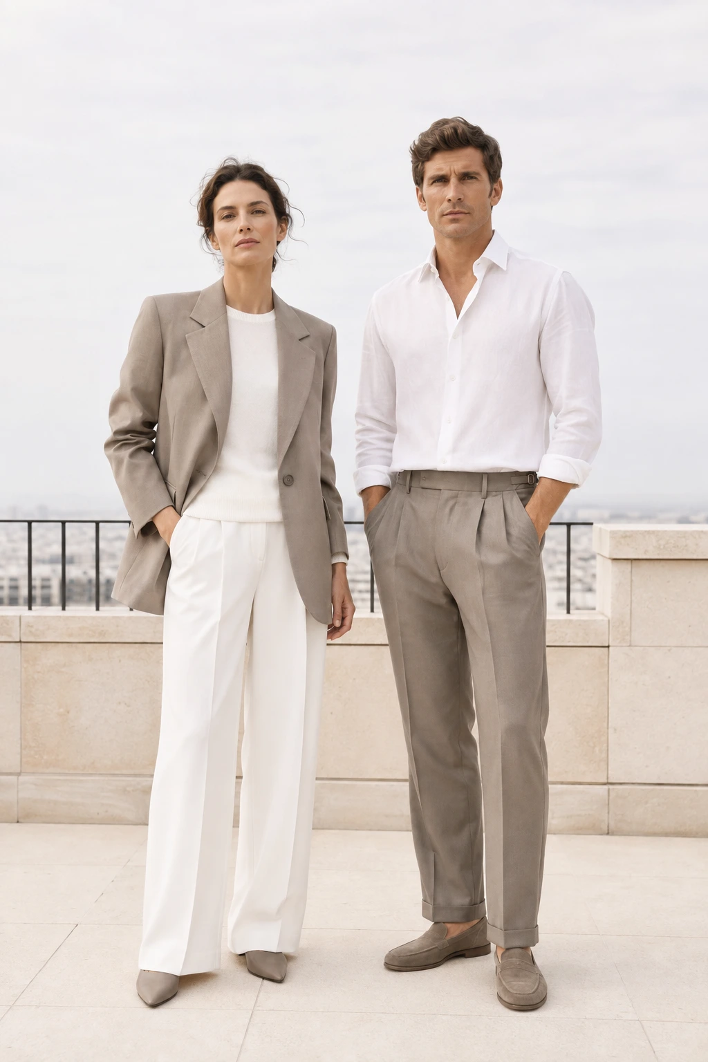 A woman and man in cool-taupe and clean-white tailoring on a pale rooftop terrace