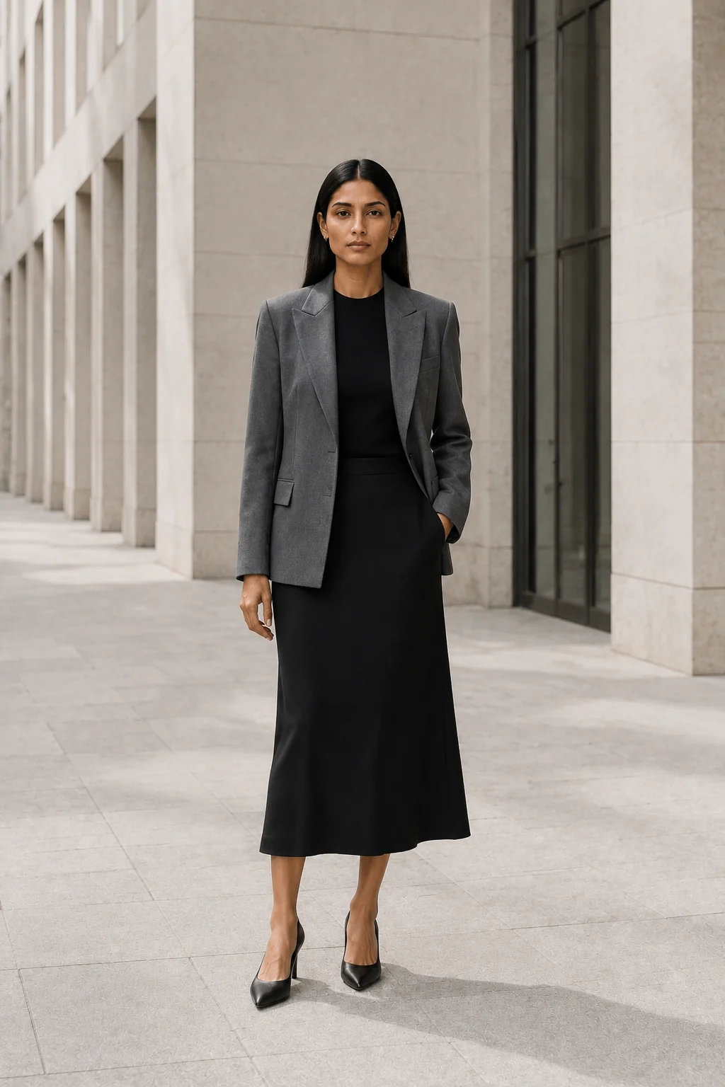 Woman in a Payne's-grey blazer and black midi skirt on a bright limestone city walkway
