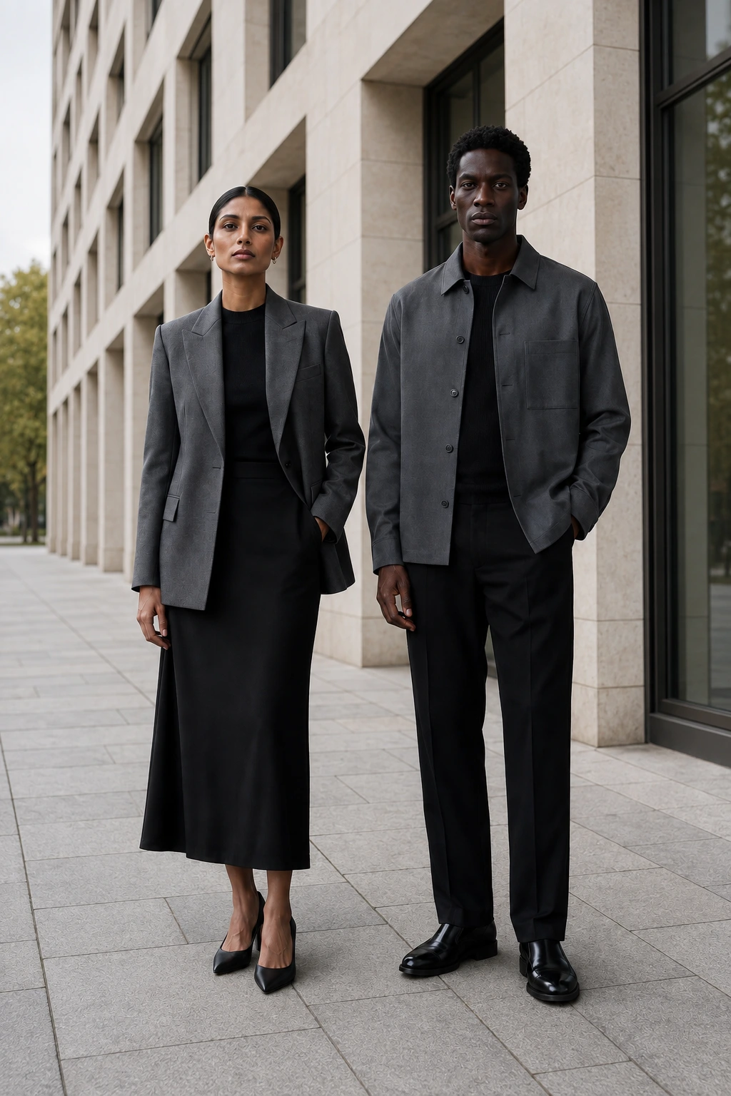 A woman and man in Payne's-grey jackets and deep-black tailoring on a quiet pale-stone city street