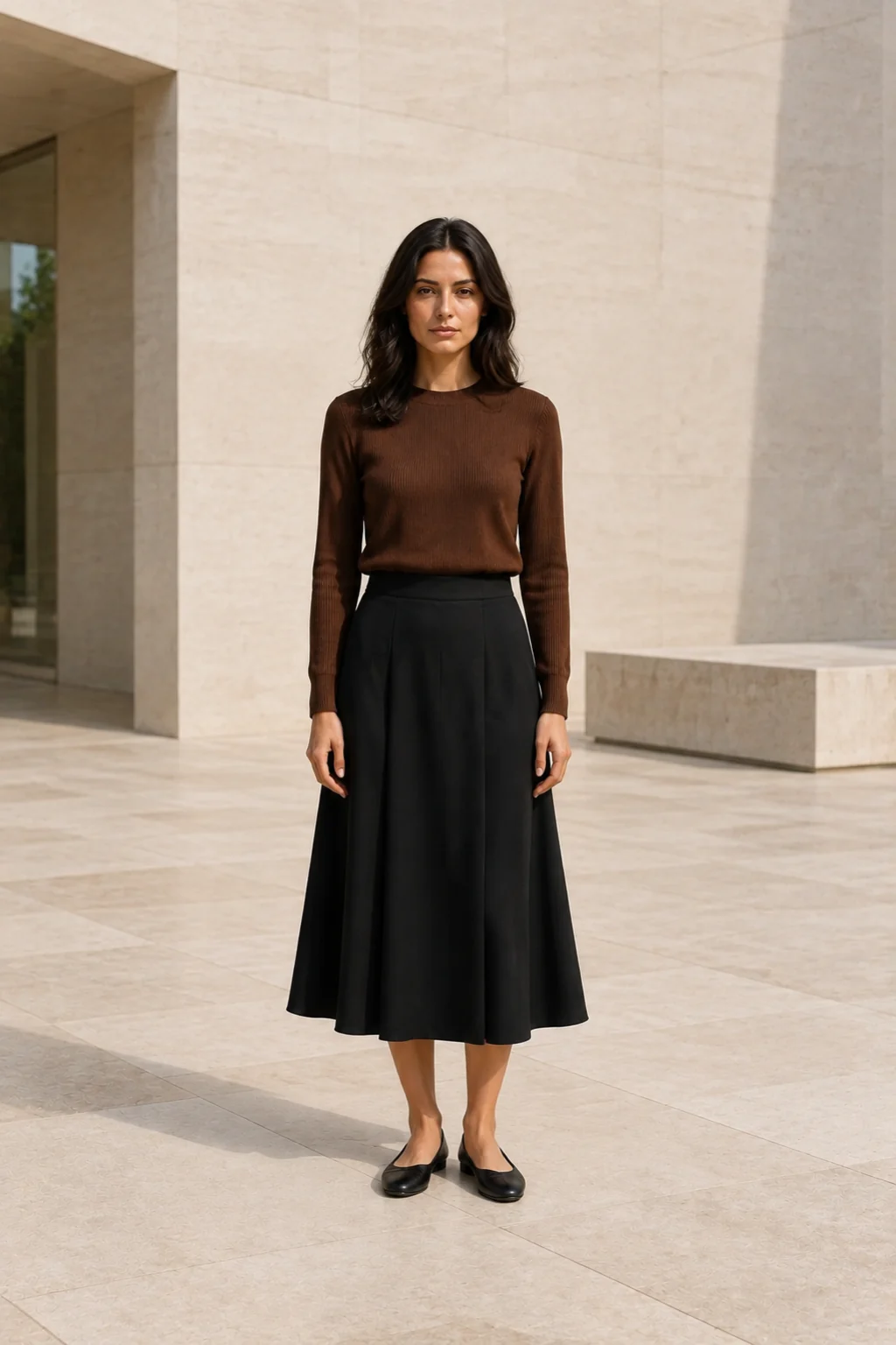 Woman in a cocoa-brown knit and black A-line midi skirt on a bright limestone forecourt