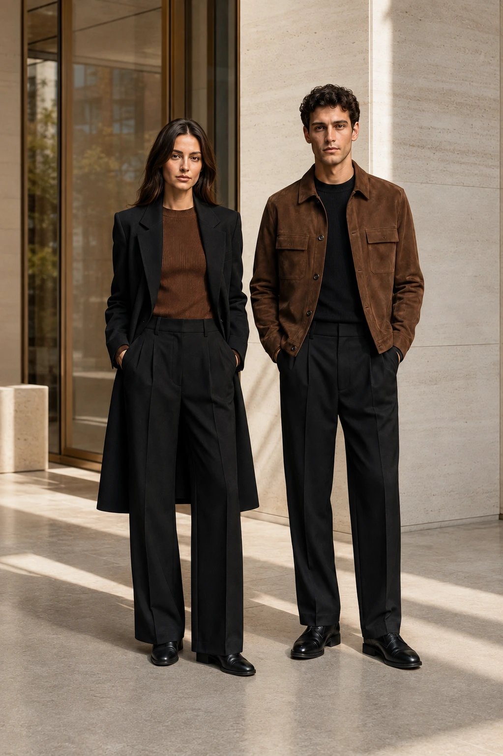 A woman and man in cocoa-brown layers and deep-black tailoring against a bright limestone exterior
