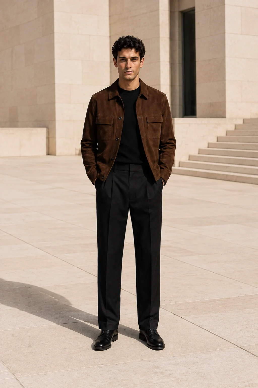 Man in a cocoa-brown overshirt and black tailored trousers on a bright limestone plaza