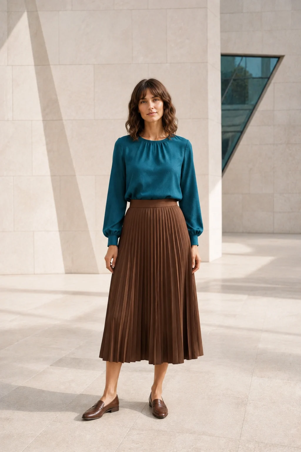 Woman in a deep-teal blouse and cocoa pleated midi skirt in a bright cultural courtyard