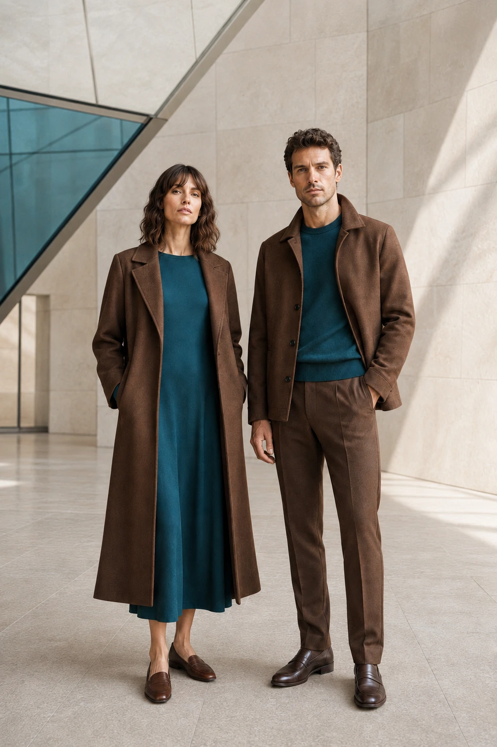 A woman in a deep-teal midi dress and cocoa coat beside a man in deep-teal knitwear and cocoa tailoring