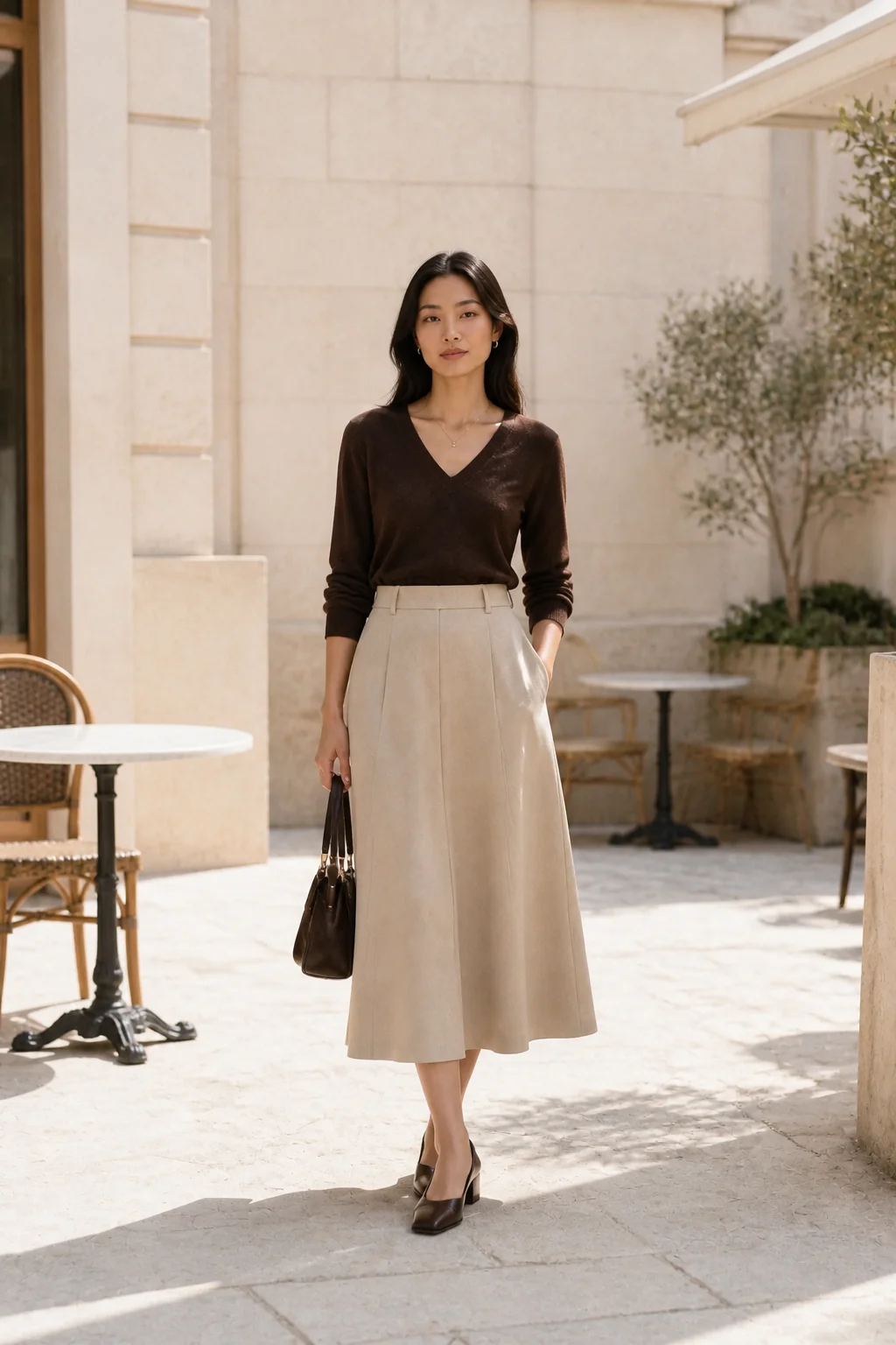 Woman in a chocolate fine knit and beige tailored midi skirt on a bright cafe terrace