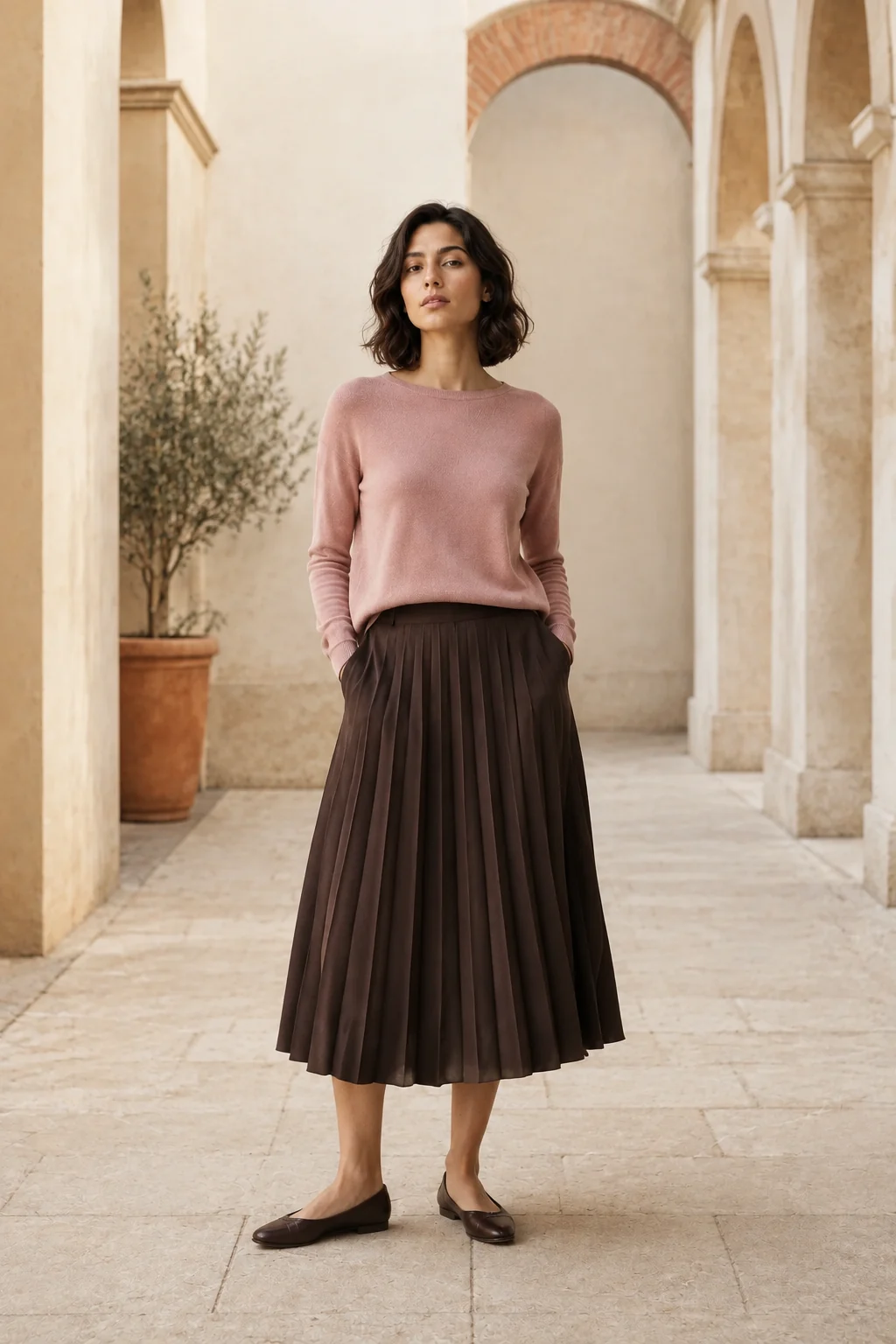 Woman in a dusty-pink knit and chocolate pleated midi skirt in a bright warm-stone arcade