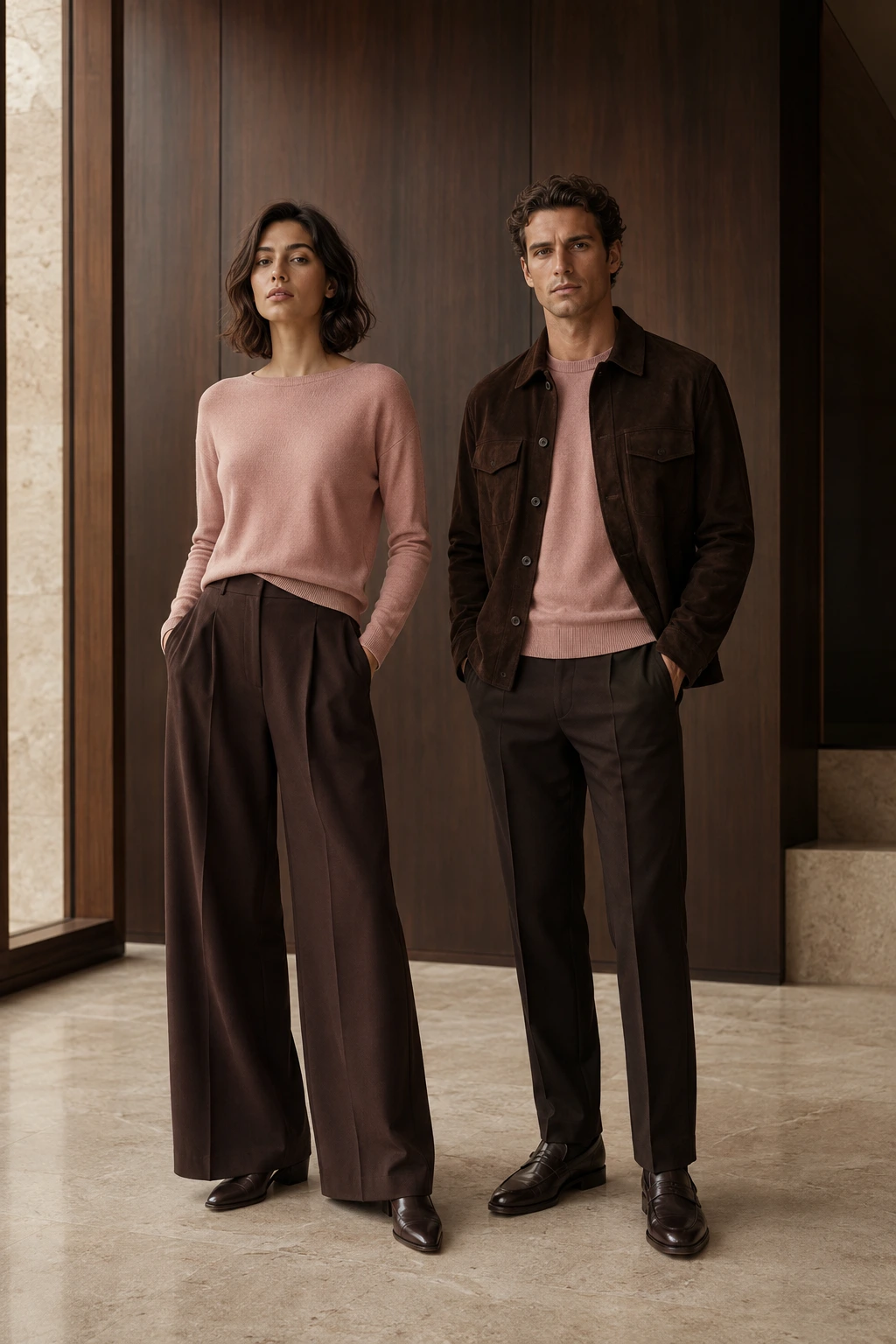 A woman and man combining dusty-pink knitwear with espresso-brown tailoring in a walnut-lined interior
