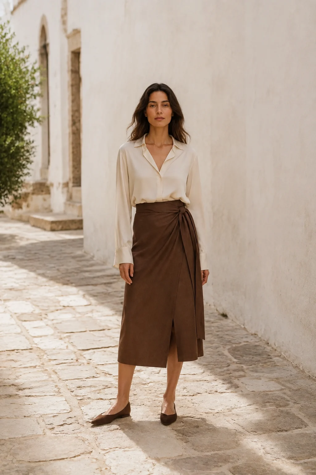 Woman in an ecru blouse and brown wrap midi skirt on a bright coastal-town lane