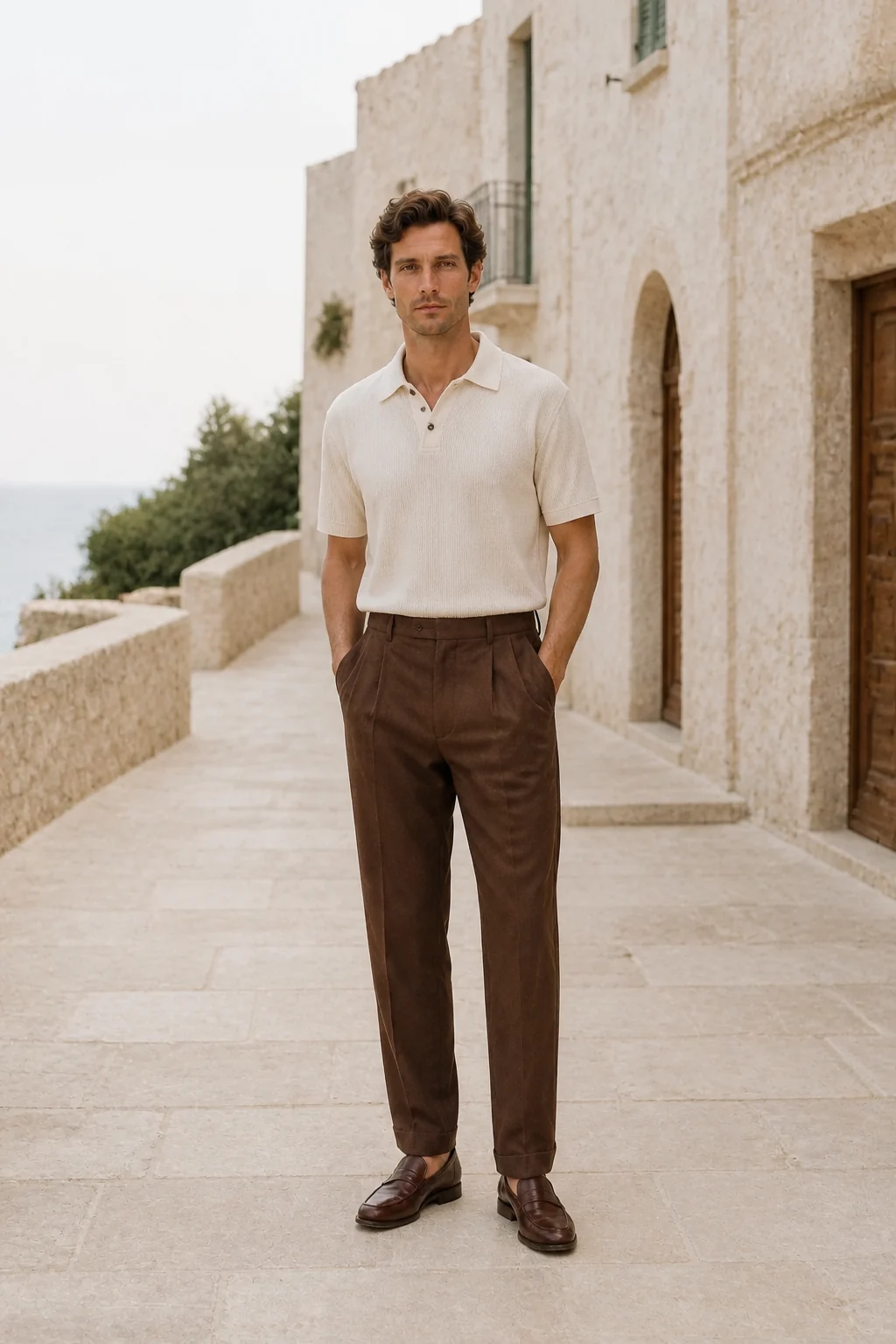 Man in an ecru textured knit polo and brown trousers on a bright coastal walkway