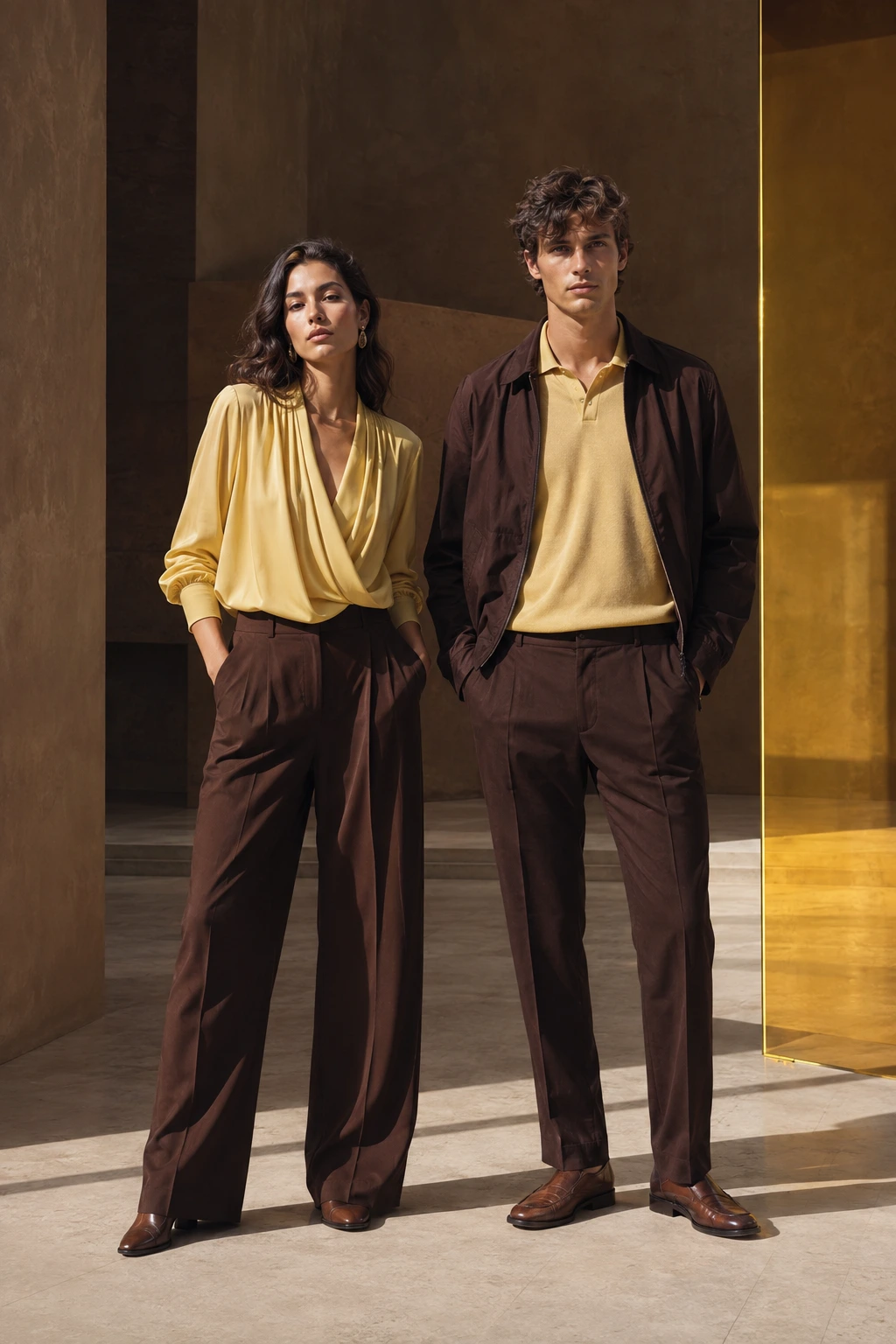 A woman and man in refined soft-yellow tops with rich-brown tailoring beside an amber glass plane