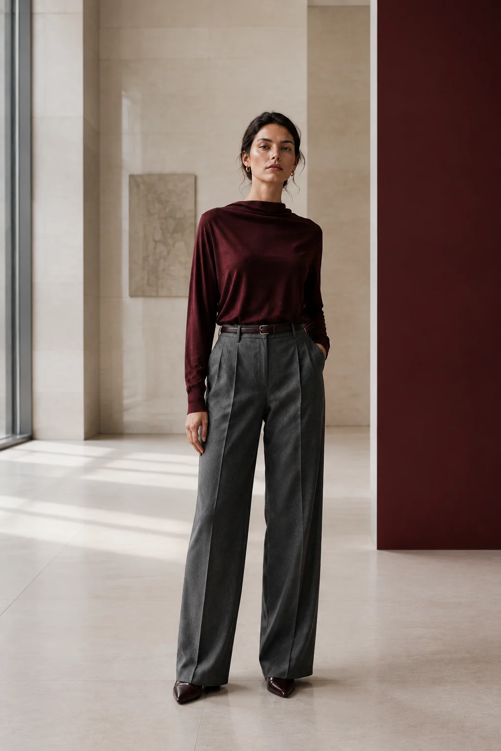 Woman in a burgundy draped knit and charcoal wide-leg trousers in a bright stone gallery