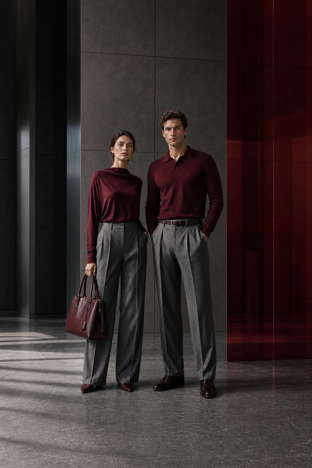 A woman and man in burgundy knitwear and grey tailoring against dark stone