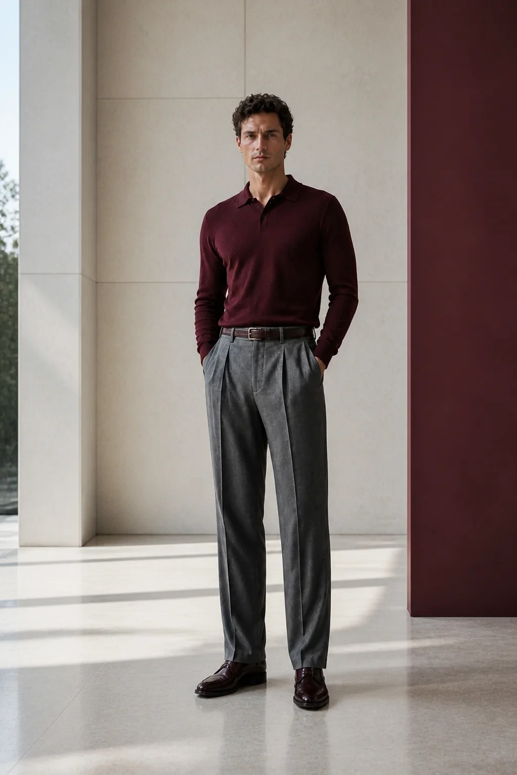 Man in a burgundy knit polo and grey pleated trousers in a bright stone gallery