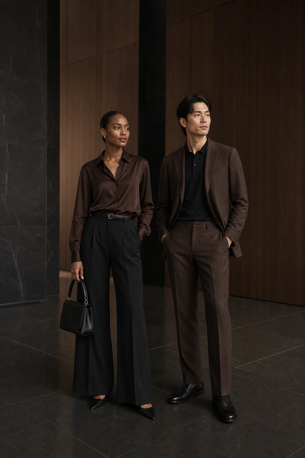 A woman in a chocolate blouse and black trousers beside a man in chocolate tailoring and a black polo in a dark modern lobby