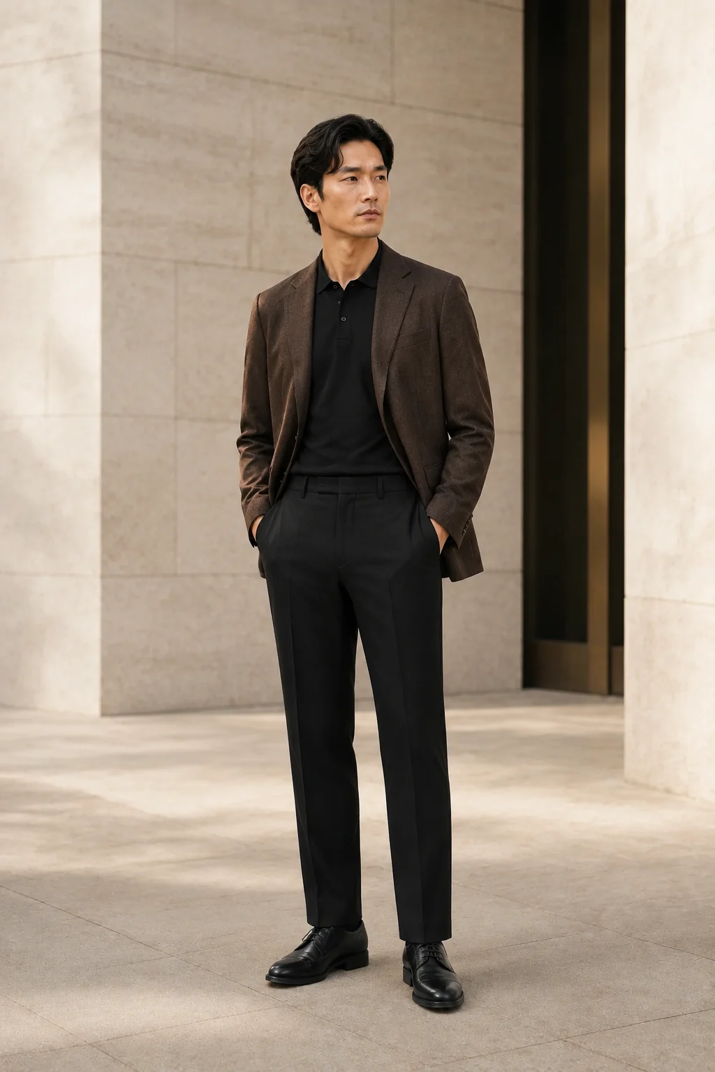 Man in a chocolate jacket, black knit polo and black tailored trousers in a bright stone arcade