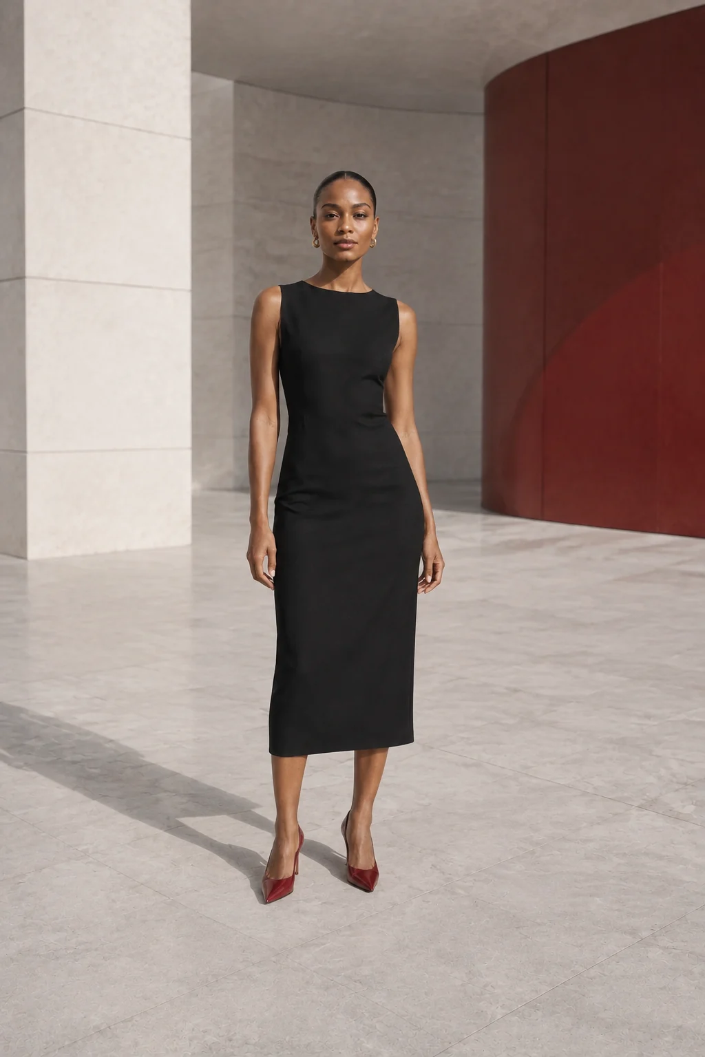 Woman in a black column midi dress and cherry-red pumps in a bright contemporary forecourt