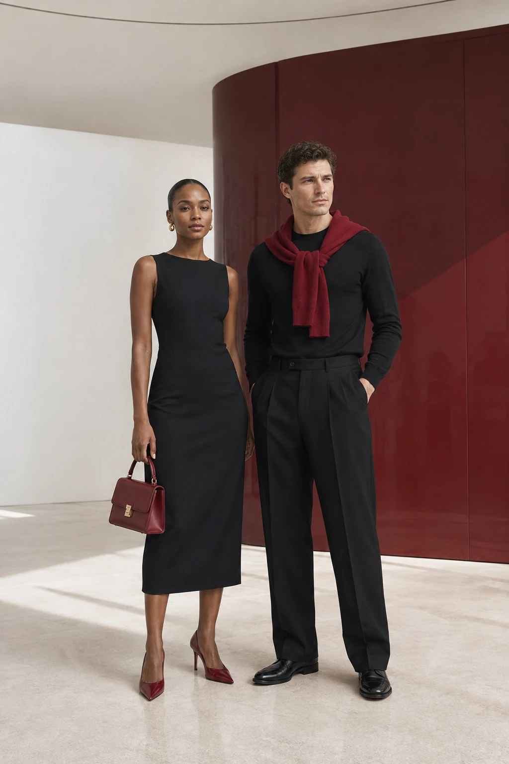 A woman in a black column dress with cherry-red accessories beside a man in black tailoring with a cherry-red knit