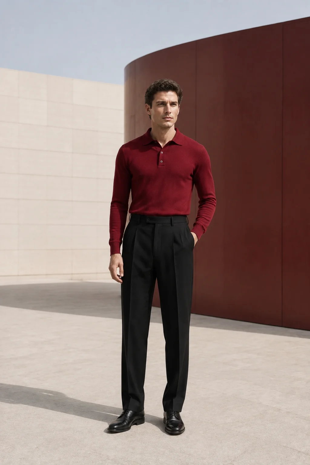 Man in a cherry-red knit polo and black tailored trousers in a bright contemporary forecourt