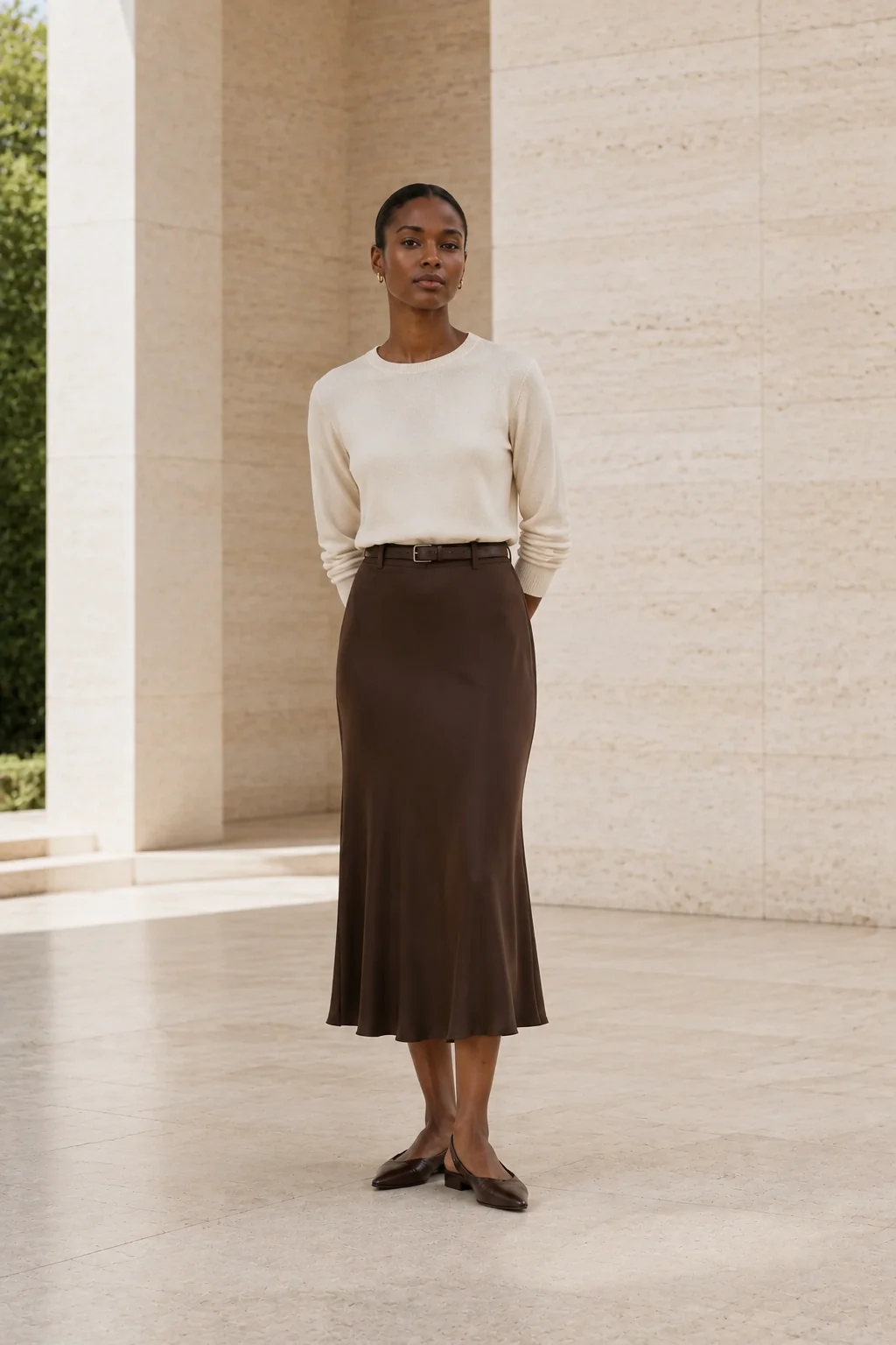 Woman in a cream fine knit and chocolate bias-cut skirt on a bright travertine terrace
