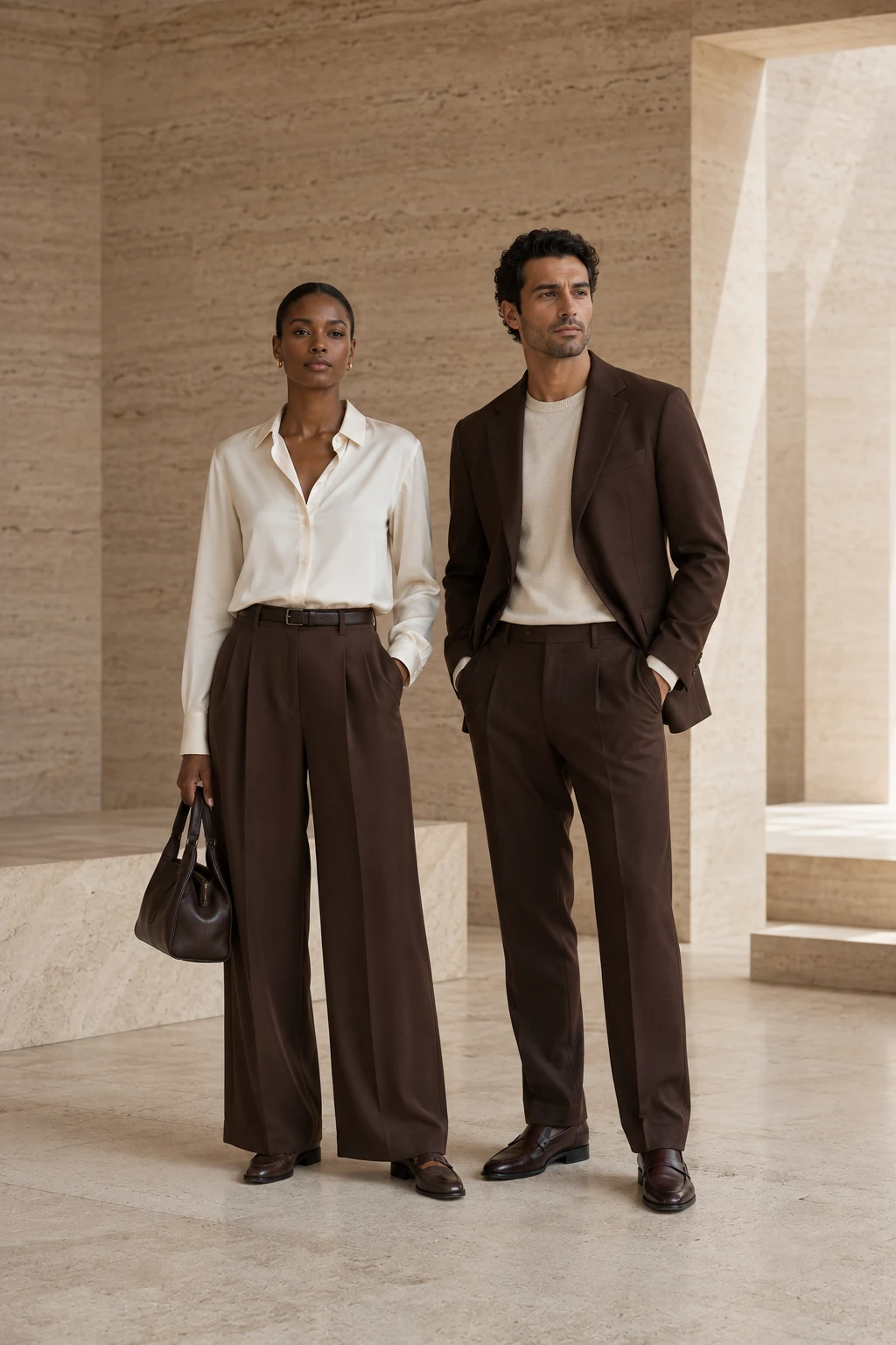 A woman in cream and chocolate tailoring beside a man in a chocolate suit and cream knit in a travertine gallery