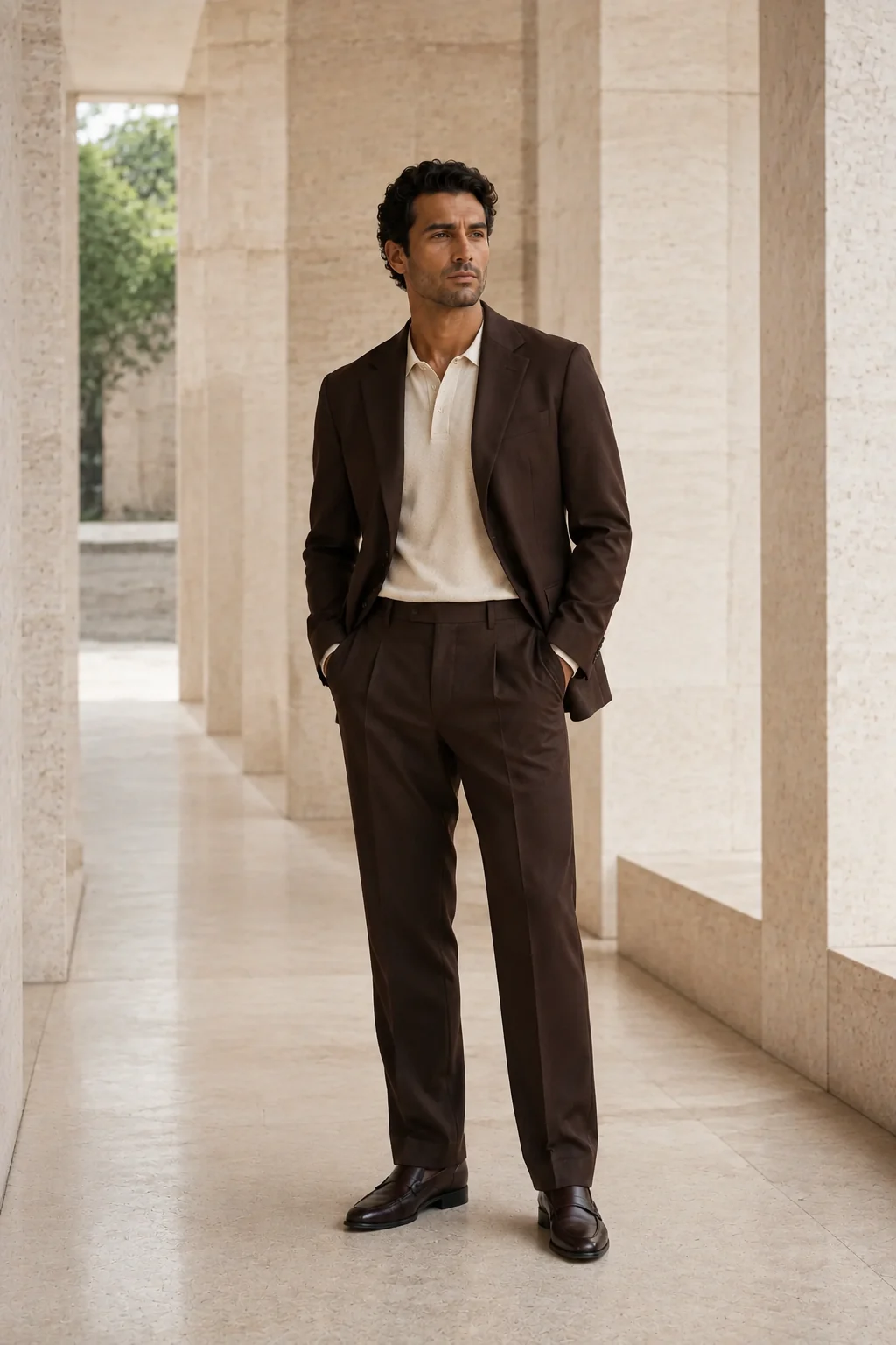 Man in a chocolate unstructured suit and cream knit polo on a bright travertine terrace