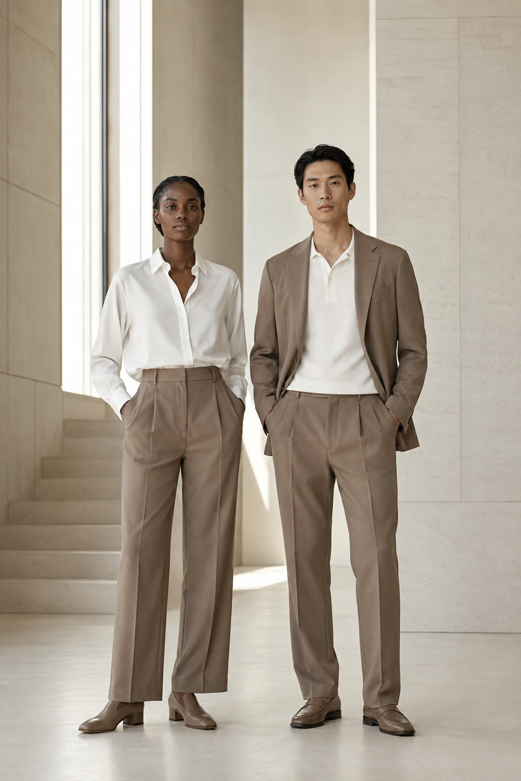A woman and man in clean white layers with warm-taupe tailoring in a luminous stone interior
