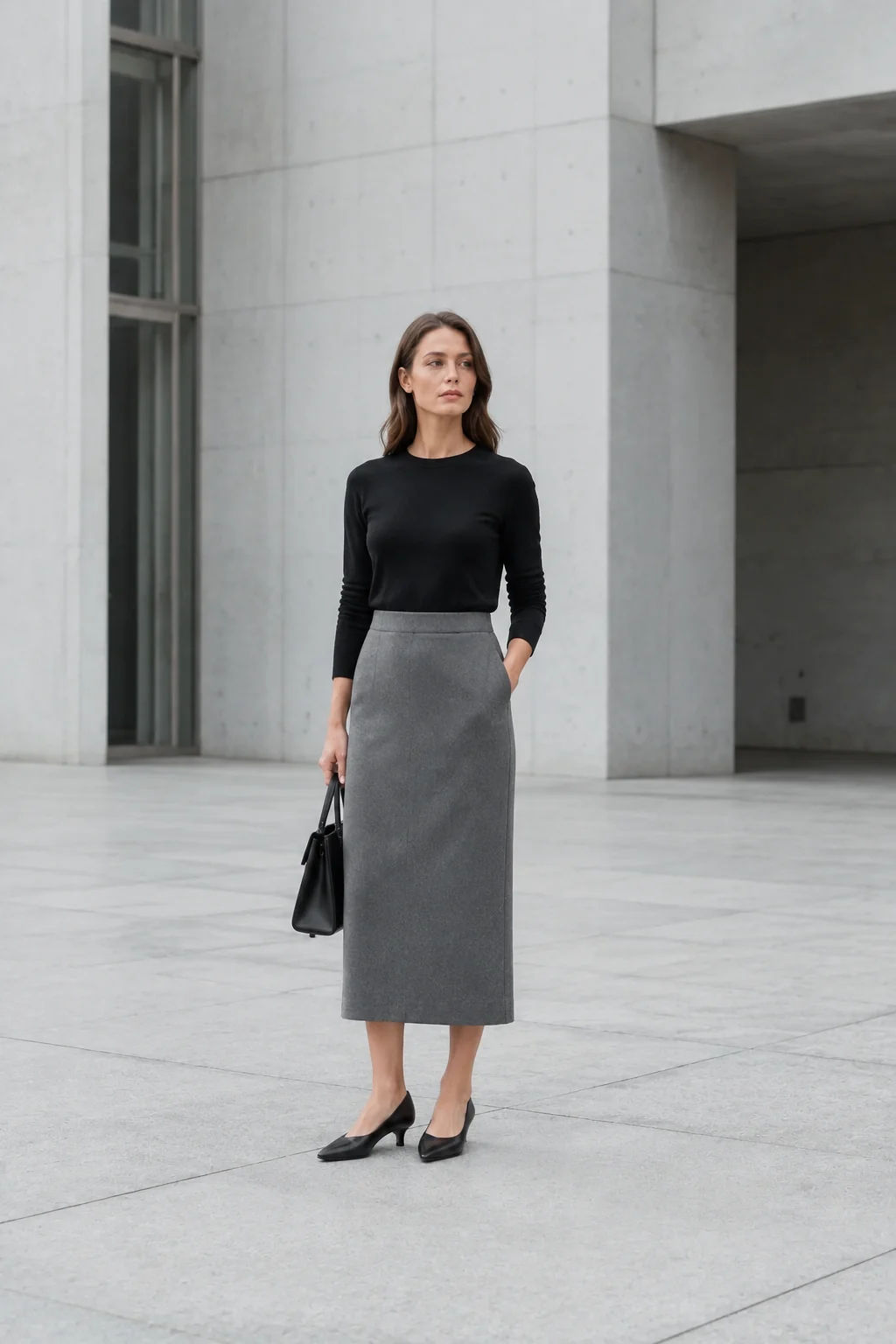 Woman in a black fine knit and grey straight midi skirt on a bright concrete plaza
