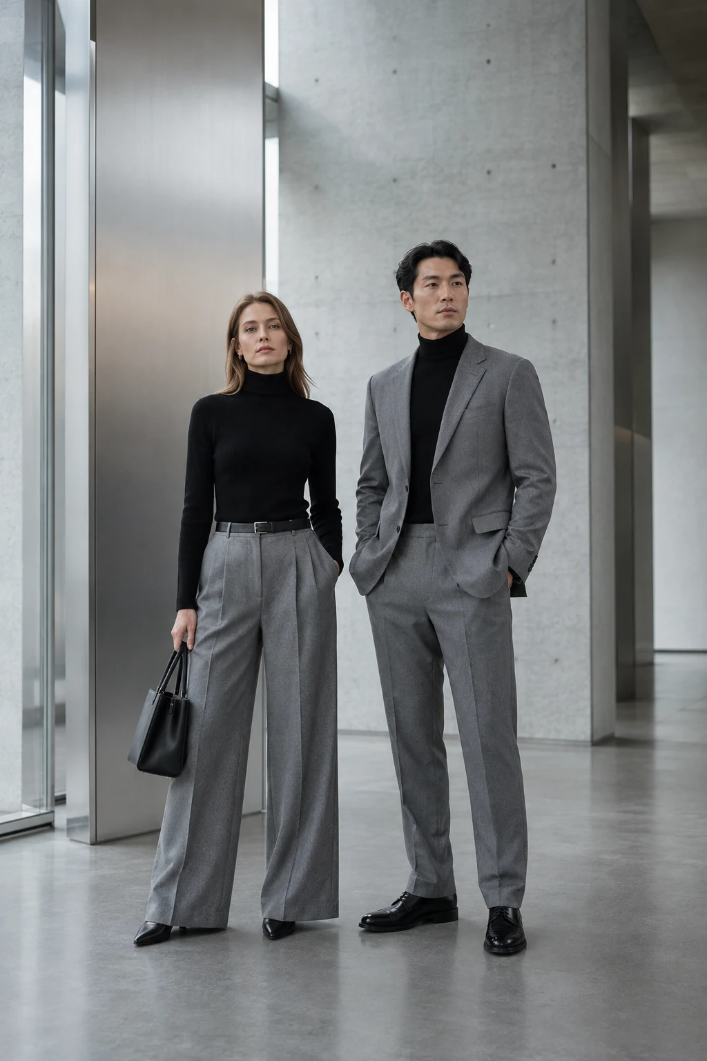 A woman and man in black turtlenecks with precise grey tailoring in a cool concrete and steel interior