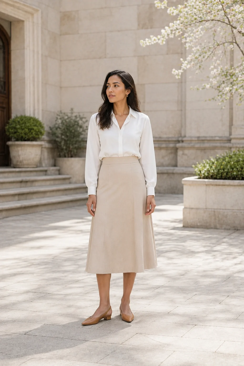 Woman in a white blouse and warm-beige A-line midi skirt in a bright stone courtyard
