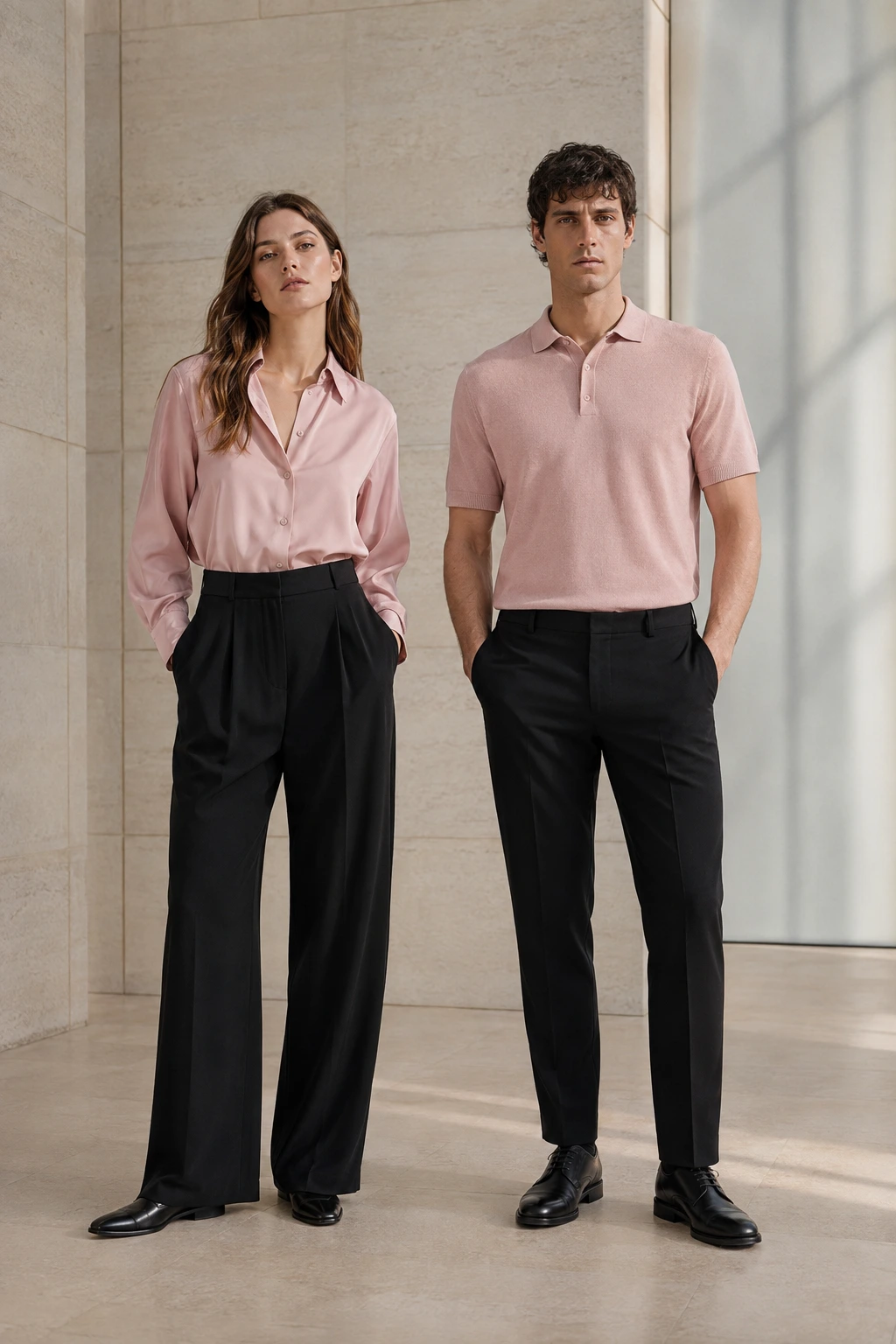 A woman and man in powder-pink tops with deep-black tailored trousers in a pale contemporary gallery