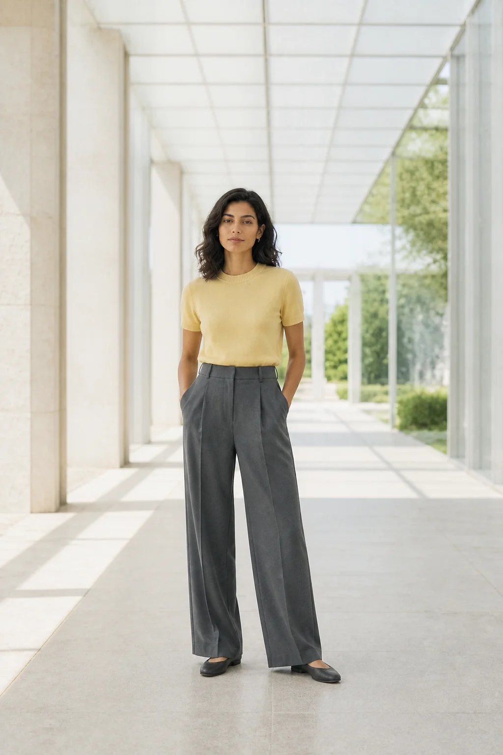 Woman in a soft-yellow knit and Payne's-grey wide-leg trousers on a bright garden walkway