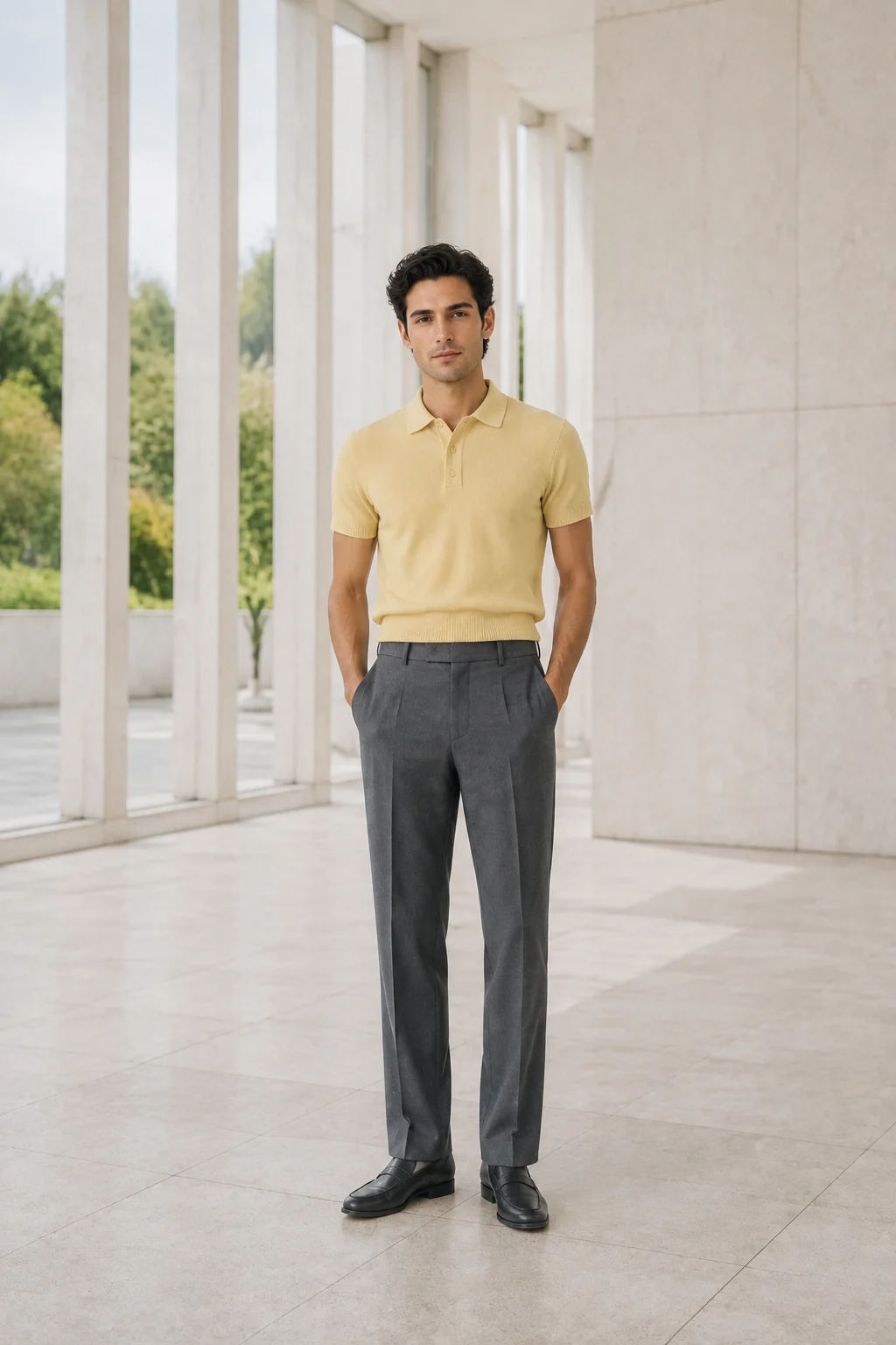 Man in a soft-yellow knit polo and Payne's-grey tailored trousers on a bright stone walkway