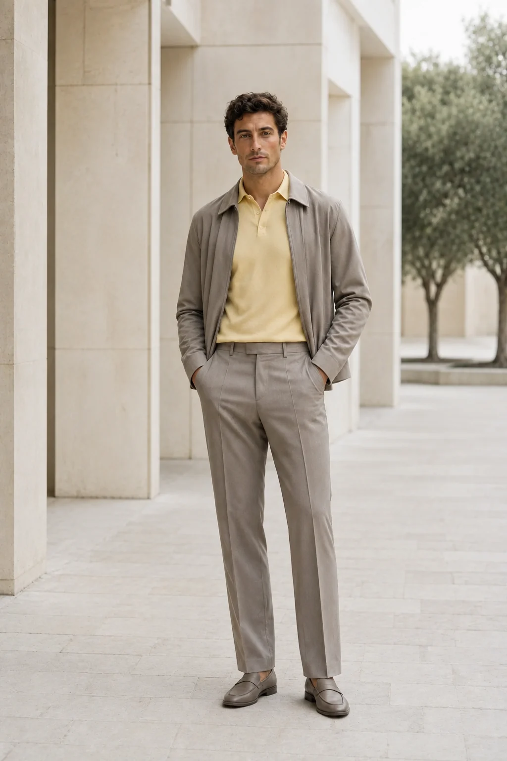 Man in a butter-yellow knit polo and cool-taupe tailoring on a bright covered walkway