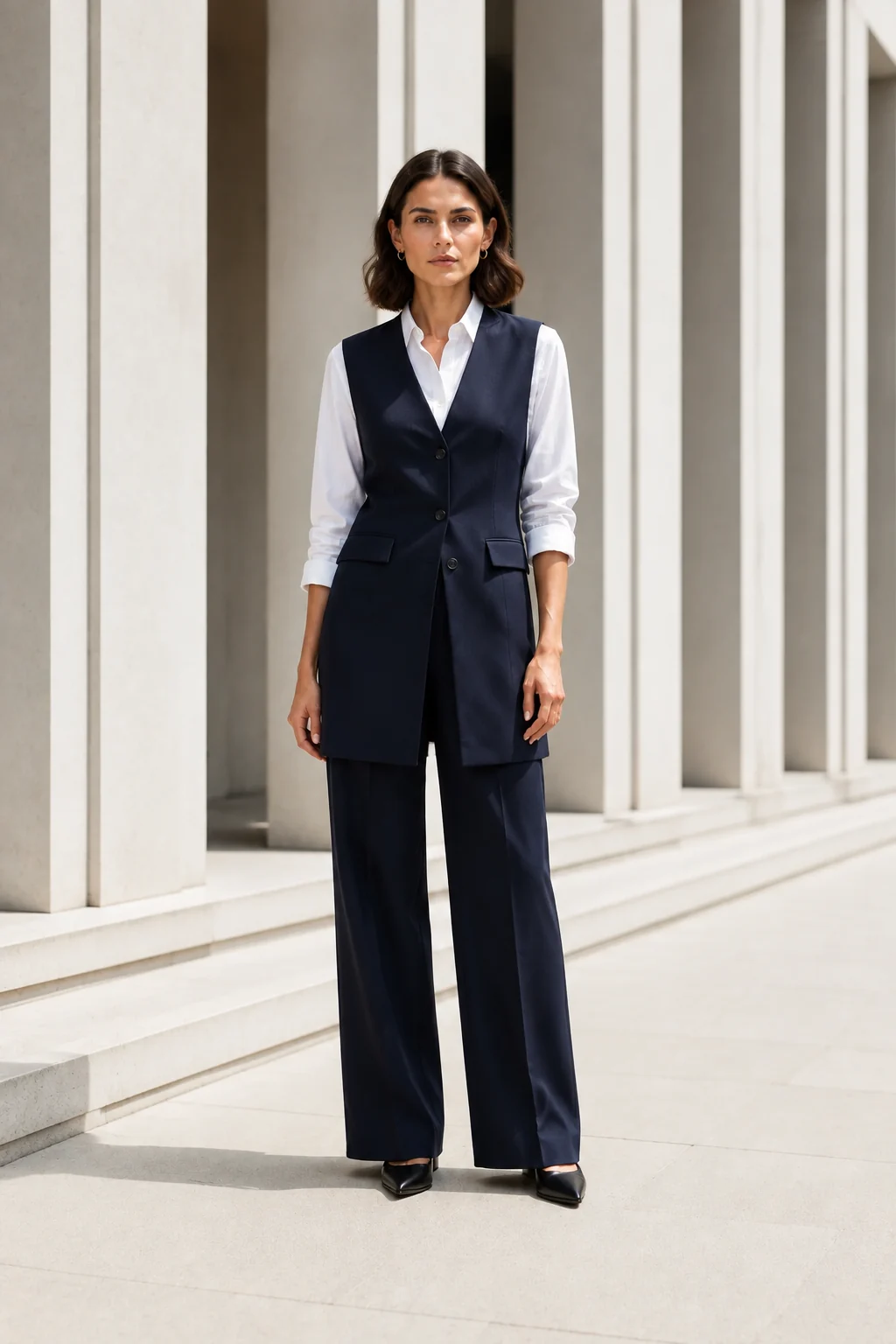 Woman in a crisp white shirt and precise navy waistcoat tailoring in a bright colonnade