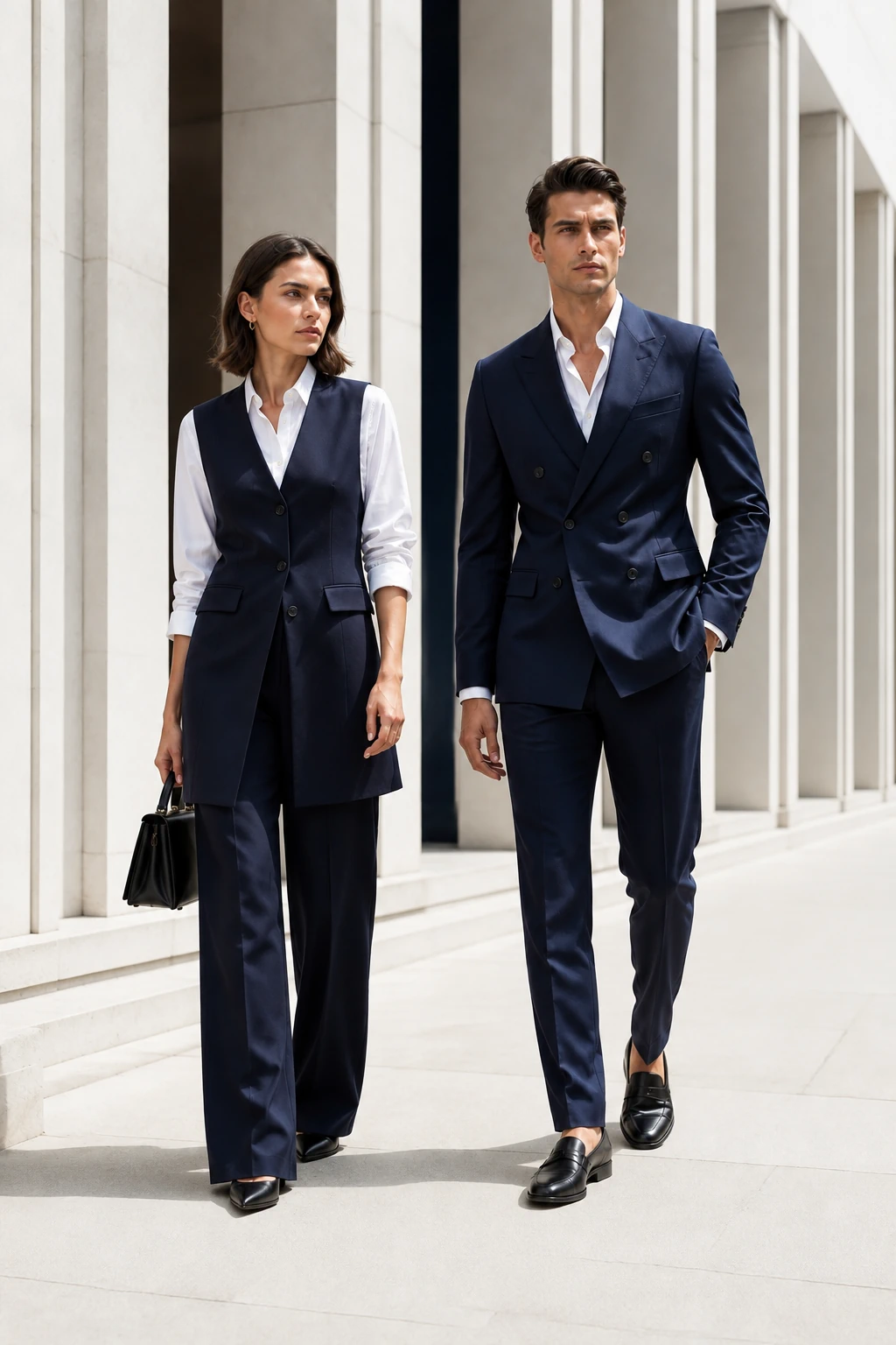A woman and man in immaculate navy tailoring and white shirting between pale stone columns