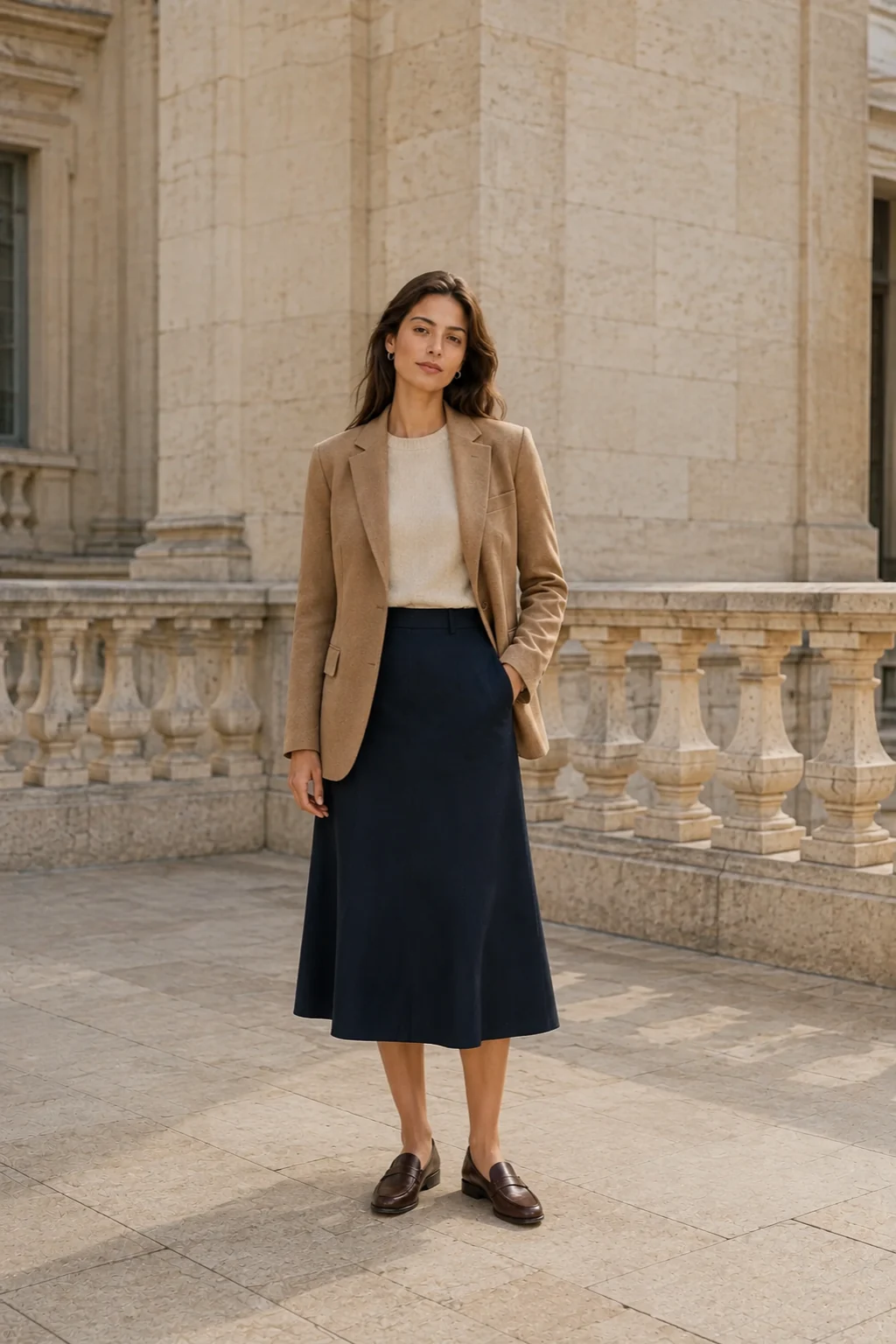 Woman in a camel blazer, cream knit and navy A-line skirt on a bright stone terrace
