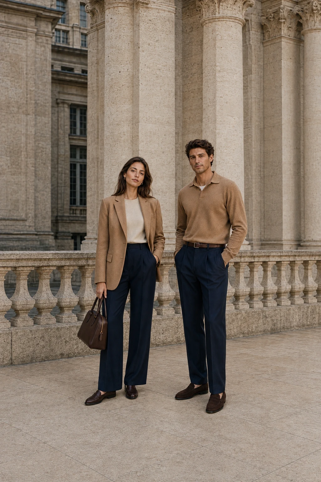 A woman and man in camel knitwear and jackets with navy trousers on a travertine terrace