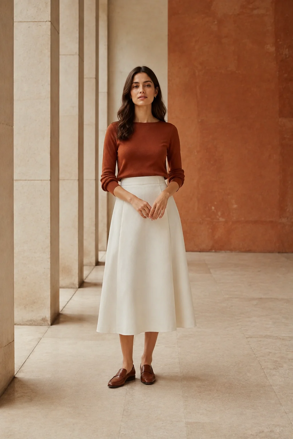 Woman in a rust knit and ecru A-line midi skirt in a bright stone arcade